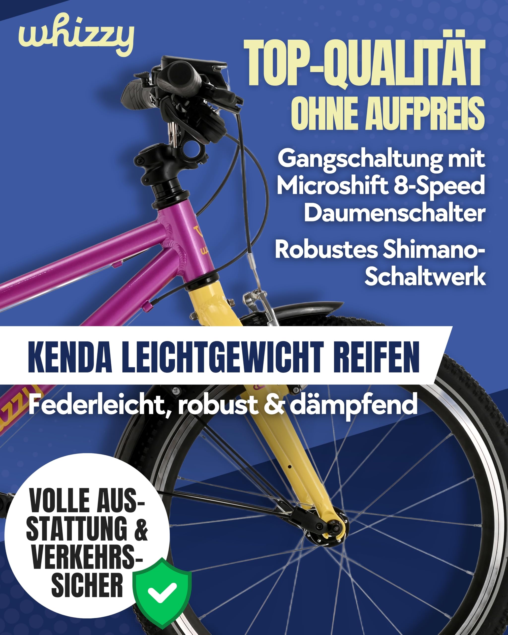 whizzy Kinderfahrrad 20 Zoll I Stilvolles Fahrrad für Kinder ab 5,5 Jahren I Mädchen- & Jungen-Fahrrad mit Ständer, Schutzblechen & Licht I 9 kg leichtes Mountainbike mit Gangschaltung