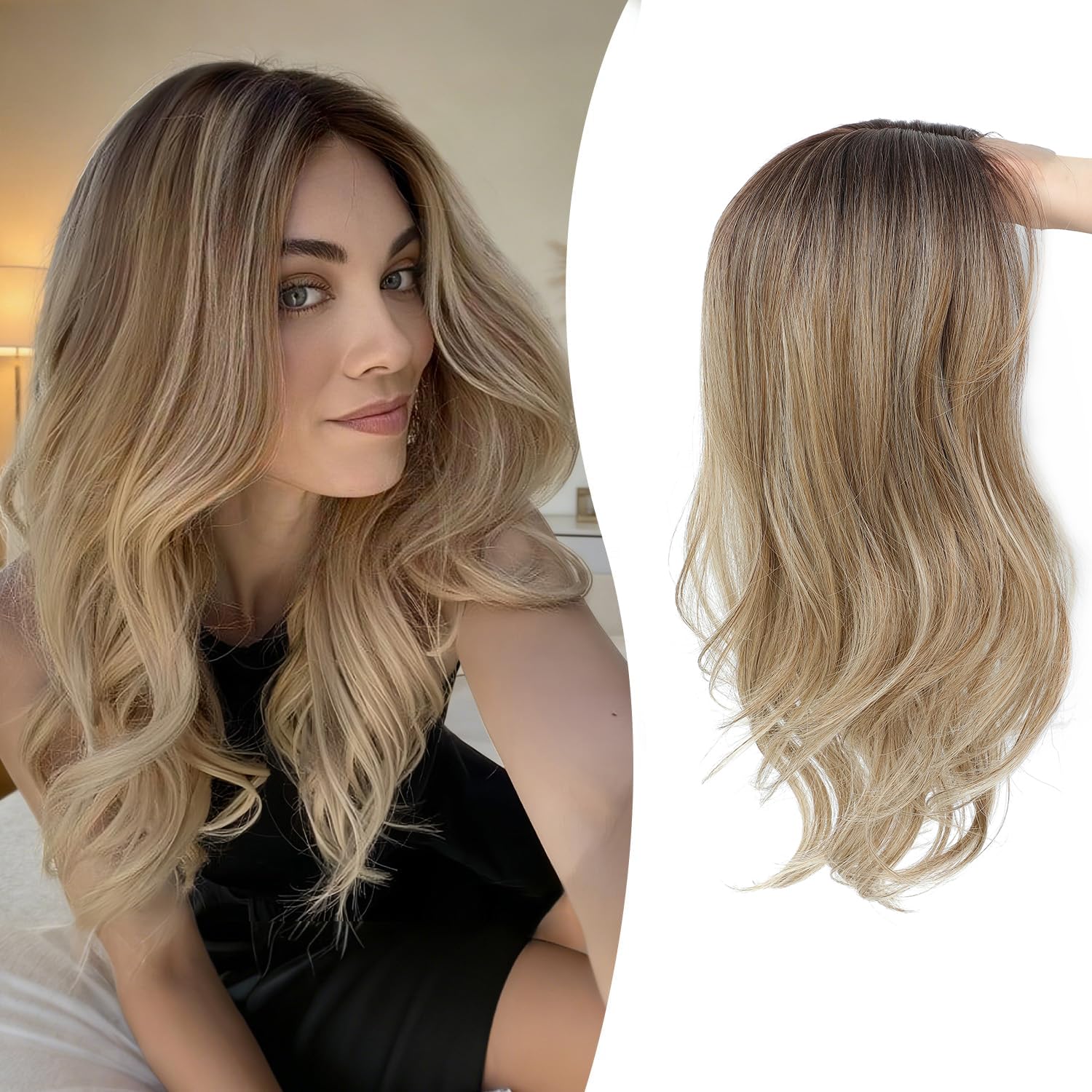 Fine Plus 18" Synthetic Hair Topper for Women, 6.5x6.5 Large Base Covers Gray Roots & Wide Part Adds Volume Natural Soft Body Wavy Texture Wiglet Ombre Ash Brown with Blonde Highlights for Daily Use