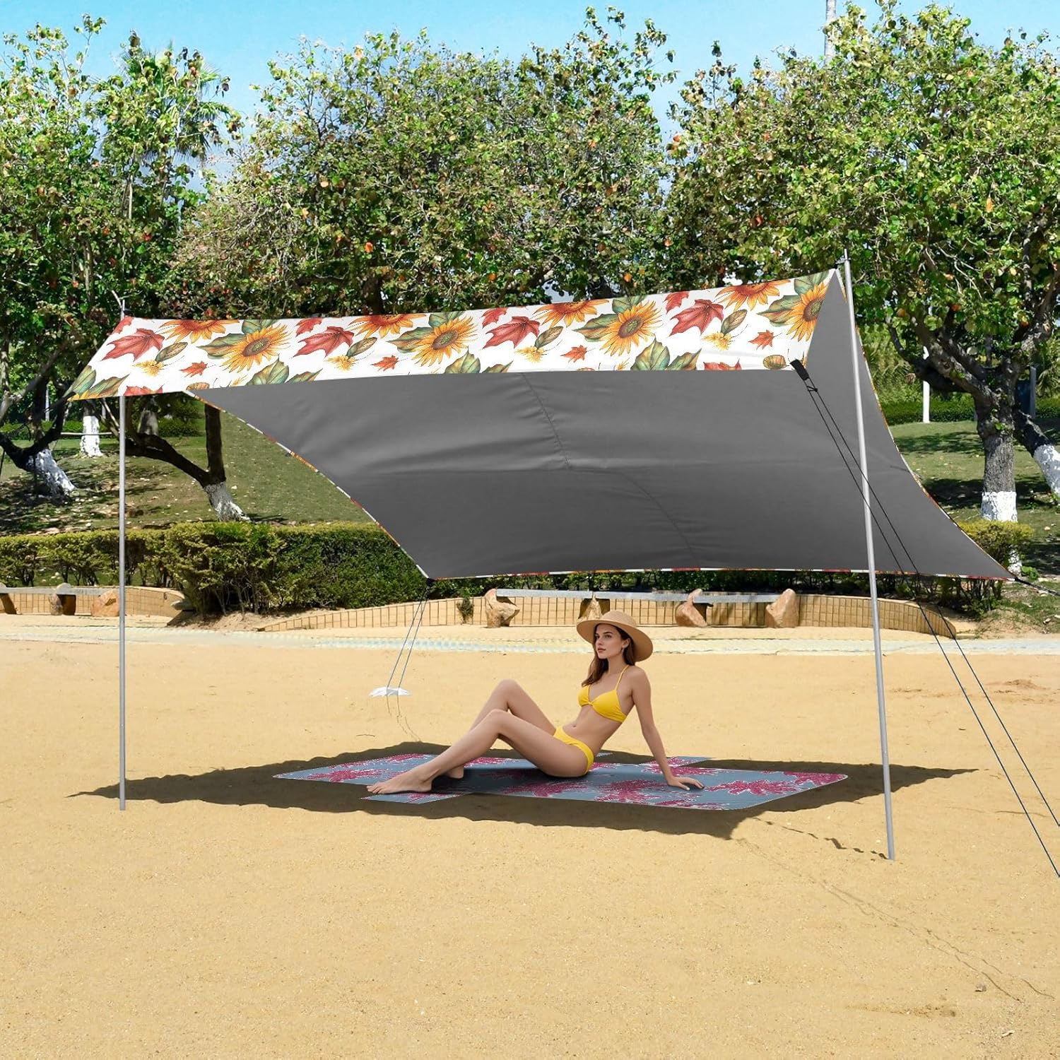 ALAZA Sunflower Maple Leaf Beach Tent Sun Shelter UPF50+ Protection Beach Shade Canopy w/ 4 Sandbags for Outdoor Camping, Fishing, Backyard Fun, Picnic, 10x9 ft