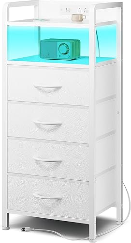 Vista 9 de Mesita de noche para dormitorio, mesita de noche con estación de carga y tira de luz LED, mesita de noche con estante de almacenamiento y 2 cajones