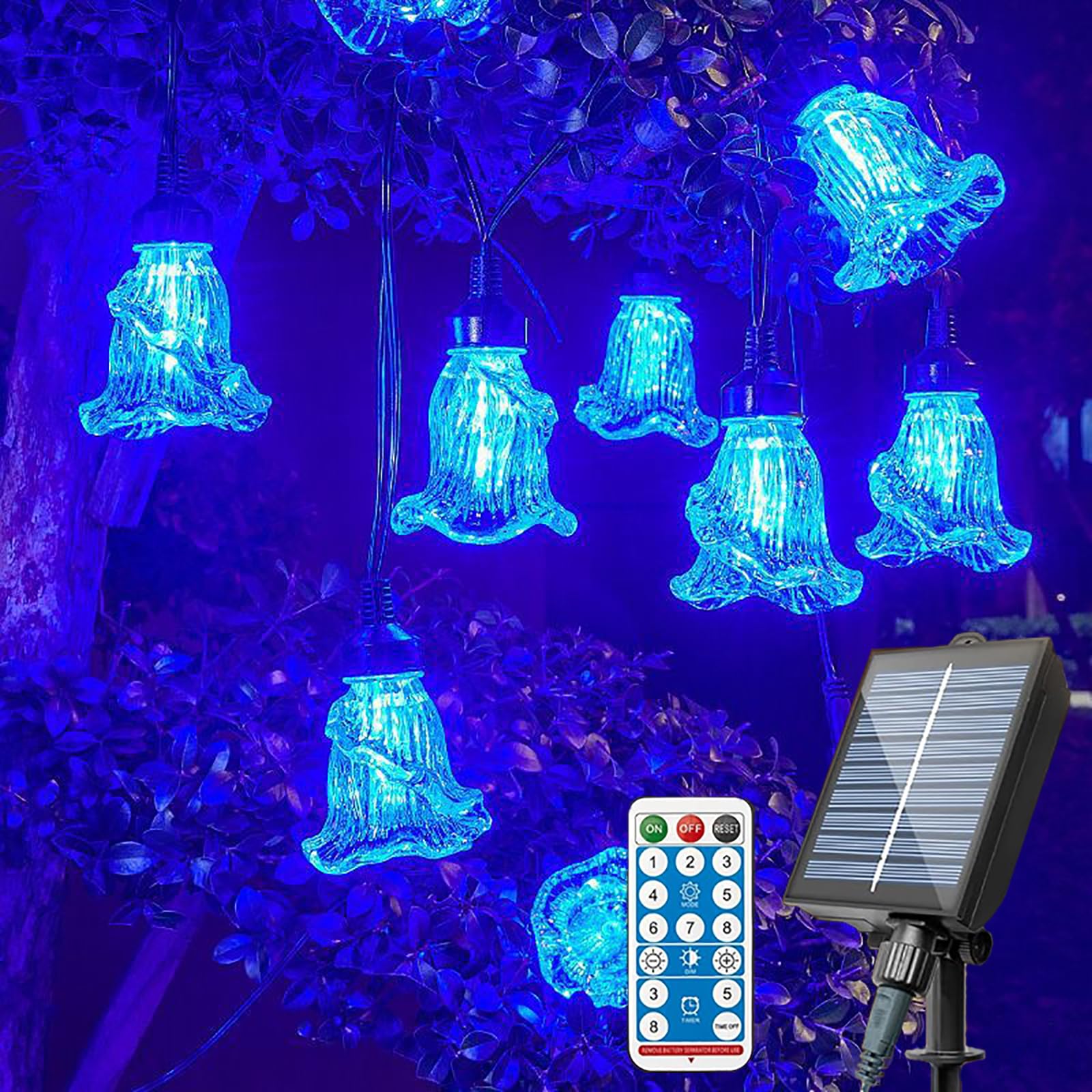 Catena luminosa solare per esterni, 5 m, 10 LED, lampada a forma di fiori di mucca, con telecomando, impermeabile, decorazione per casa, cortile, terrazza, feste, matrimoni (blu)