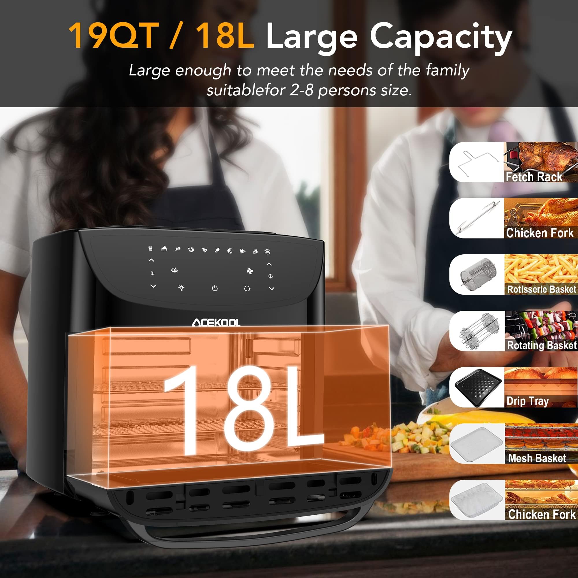 Digitaler Heißluftfritteuse 18L1800W Touchscreen Rotisserie Multifunktions 10 in 1 Display LED Niedriger Ölgehalt Heißluft-Technologie 360° Energiesparend Spülmaschinenfest
