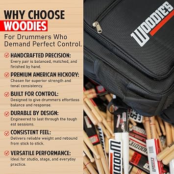 Woodies 5B Long Drumsticks 3-Pack American Hickory Drum Sticks with Short Taper and Round Tips for Rock, Jazz, Practice, and Performance