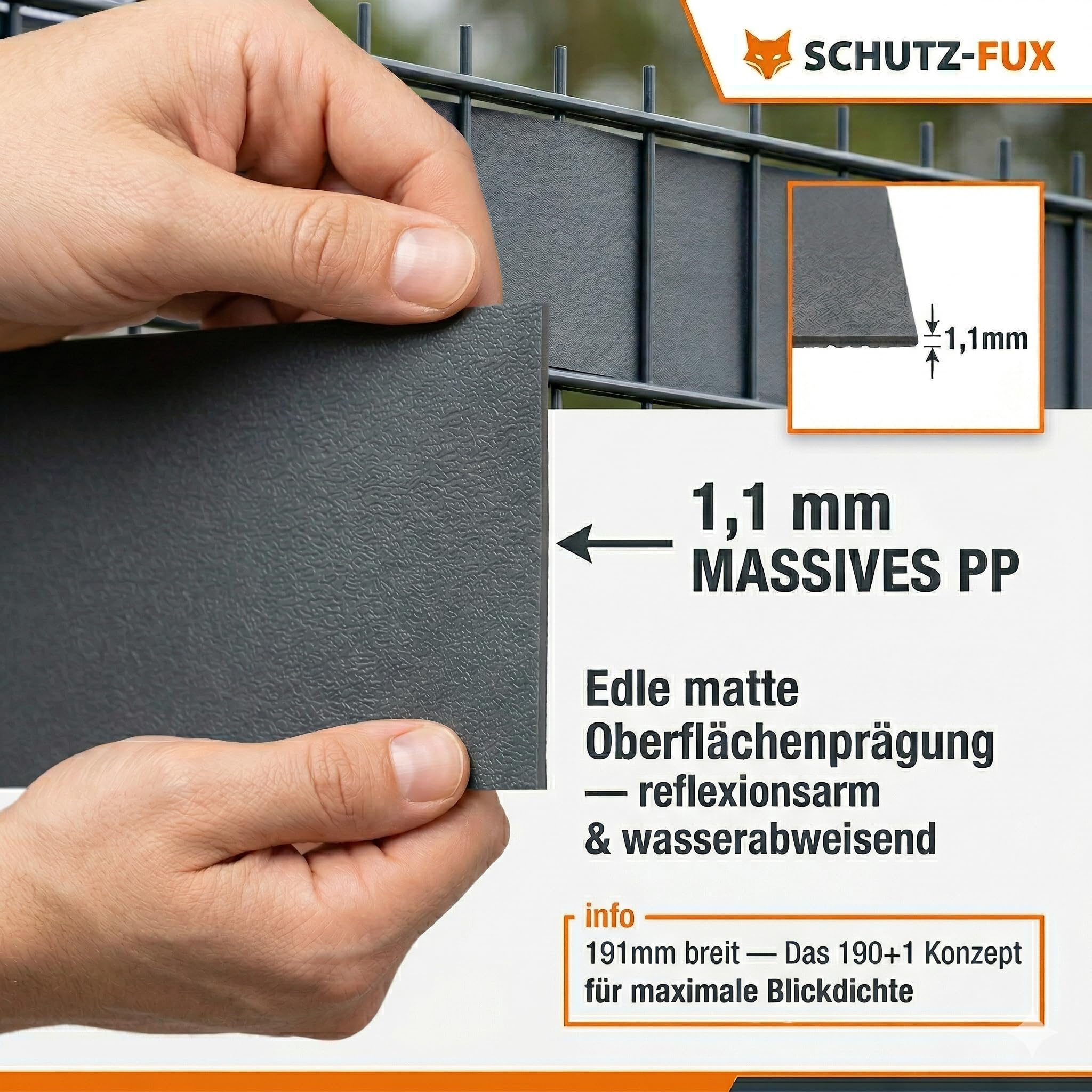 Sichtschutzstreifen (10 Stück) 253cm x 19,1cm Anthrazit RAL 7016 – 1,1mm Dick, UV-Stabil & Selbsttragend Ohne Klemmen – Für Doppelstabmattenzaun – Made in Germany