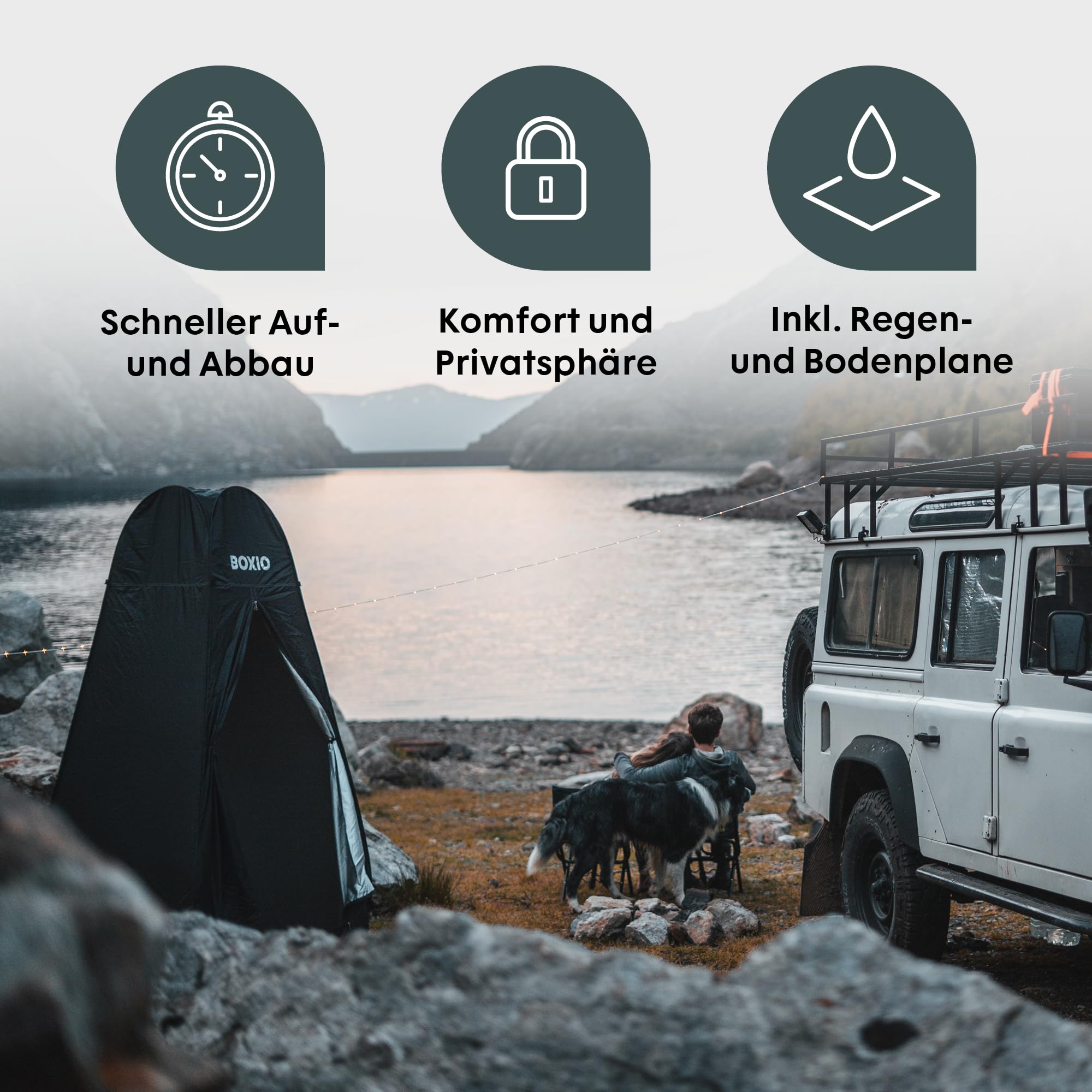 BOXIO - Tent: Mobiles Camping Duschzelt/Toilettenzelt, auch perfekt als freistehende pop up Umkleidekabine 2 x 1m - EIN Muss für Deine Campingtoilette, im Vanlife, und als Festivalbesucher im Sommer