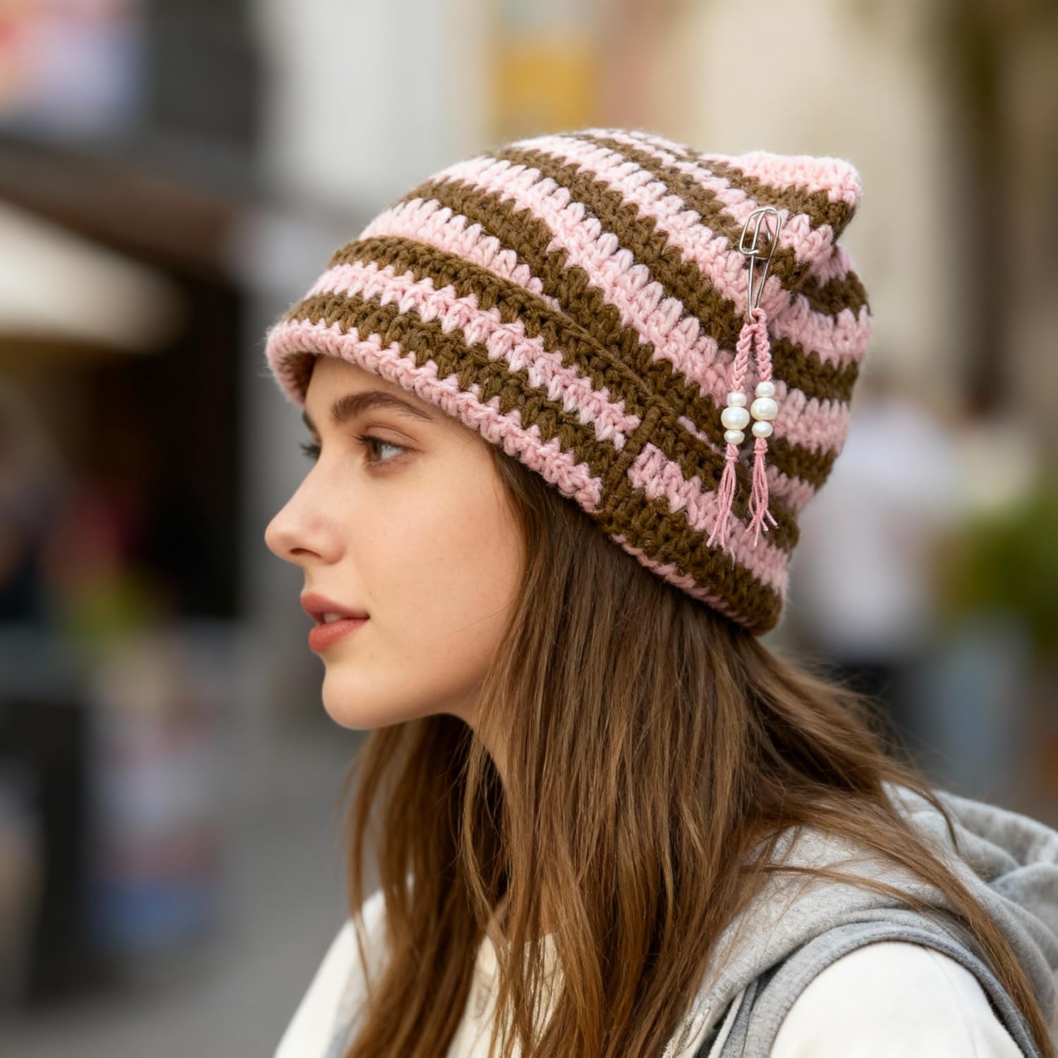 Cat Ear Beanie Hat for Women Y2K Striped Beanie with DIY Goth Accessories Slouchy Crochet Goth Hat Beanie with Ears - Image 5