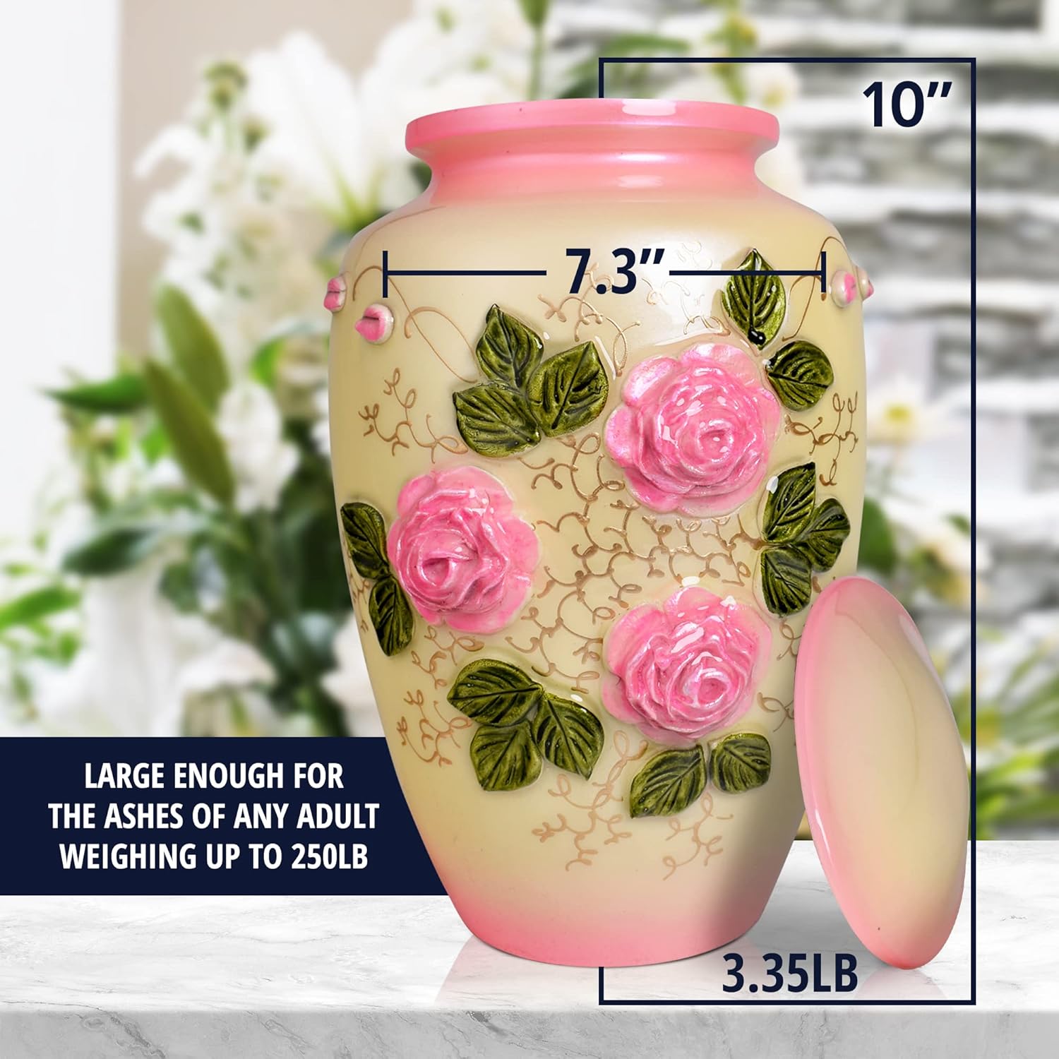 Cremation Urn for Adult Ashes by Forever Lane- Beautiful Handcrafted Metal Urn for Human Ashes- Keepsake Urn Container for Men & Women- Decorative Cremation Funeral & Burial Urn Vase (Pink Roses)