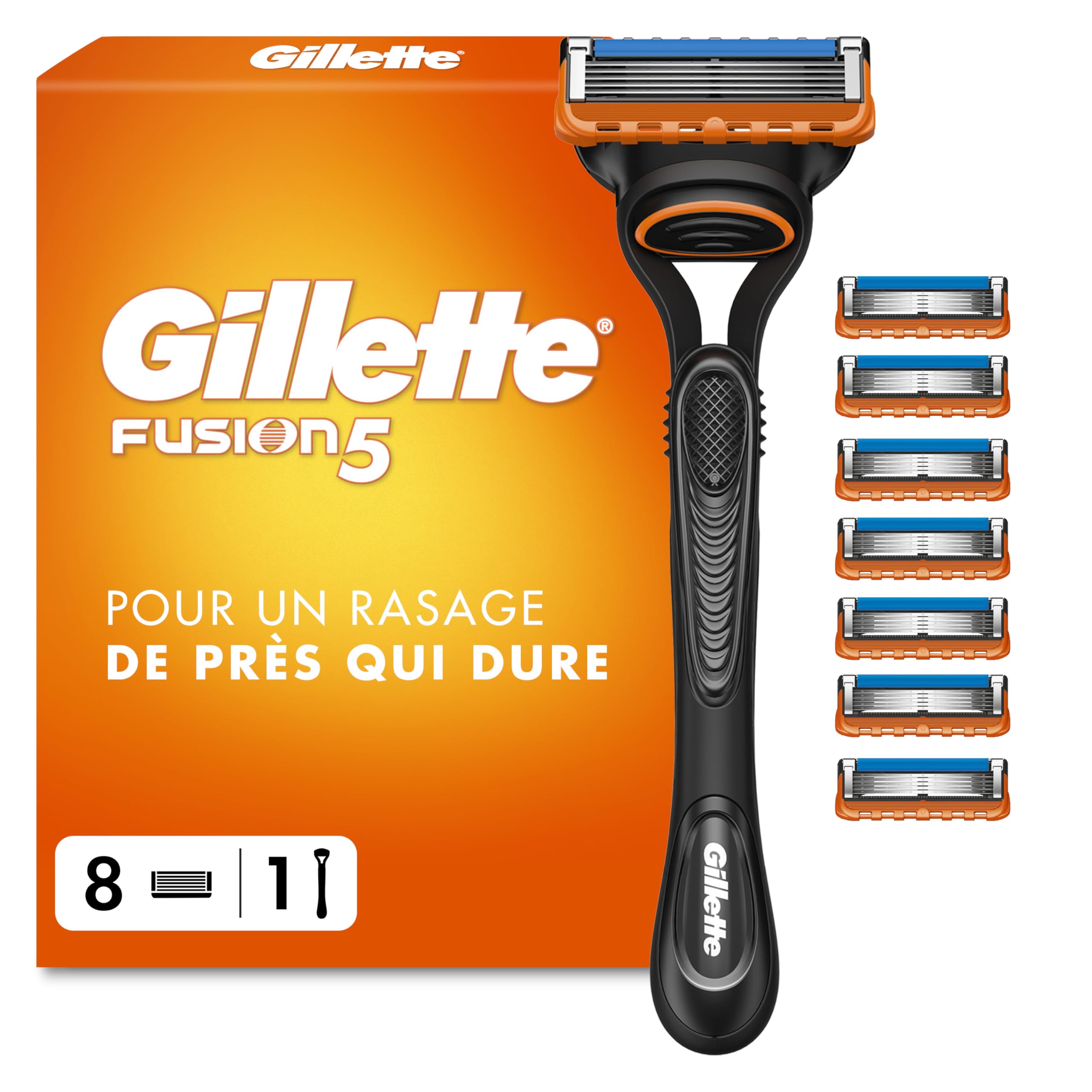 Gillette Rasoir Homme Fusion 5, 8 Cartouches, Noir, Manche Réutilisable, Tête 5 Lames Acier Inoxydable
