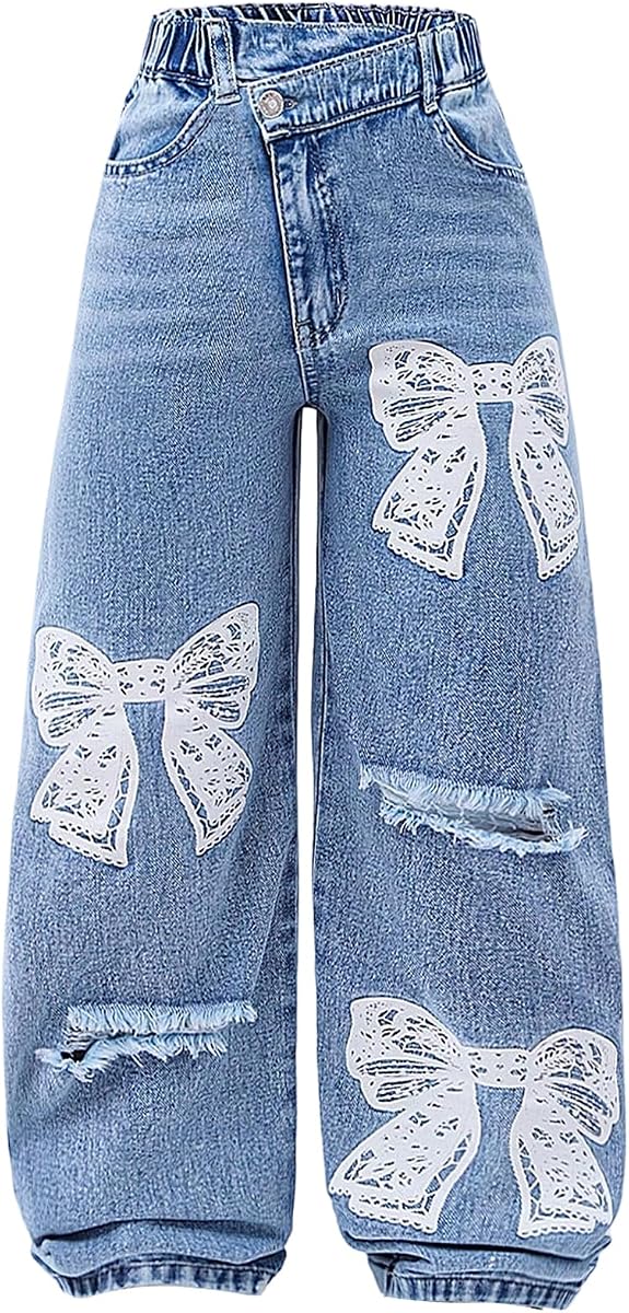 WDIRARA Girl's Bow Print Asymmetrical Waisted Baggy Jeans Ripped Wide Leg Denim Pants