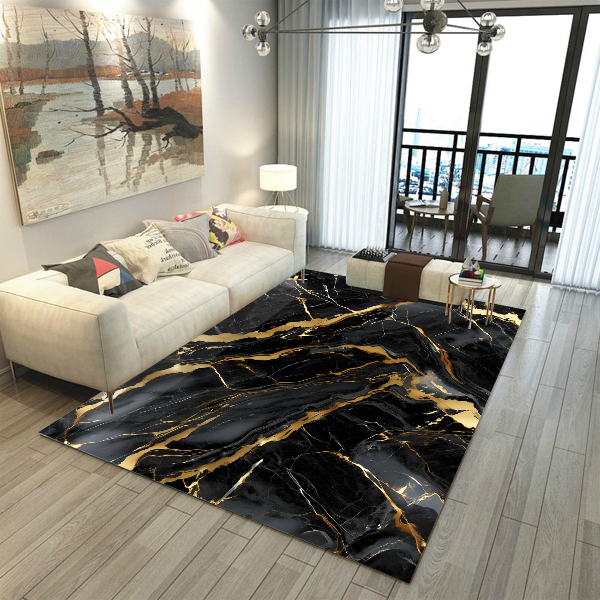 EDGZKO Abstract Marble Area Rug: 3x5 Feet Black and Gold Marble Rugs Home Decor Non-Slip Washable Carpet Doormat Floor Mat for Living Room Bedroom