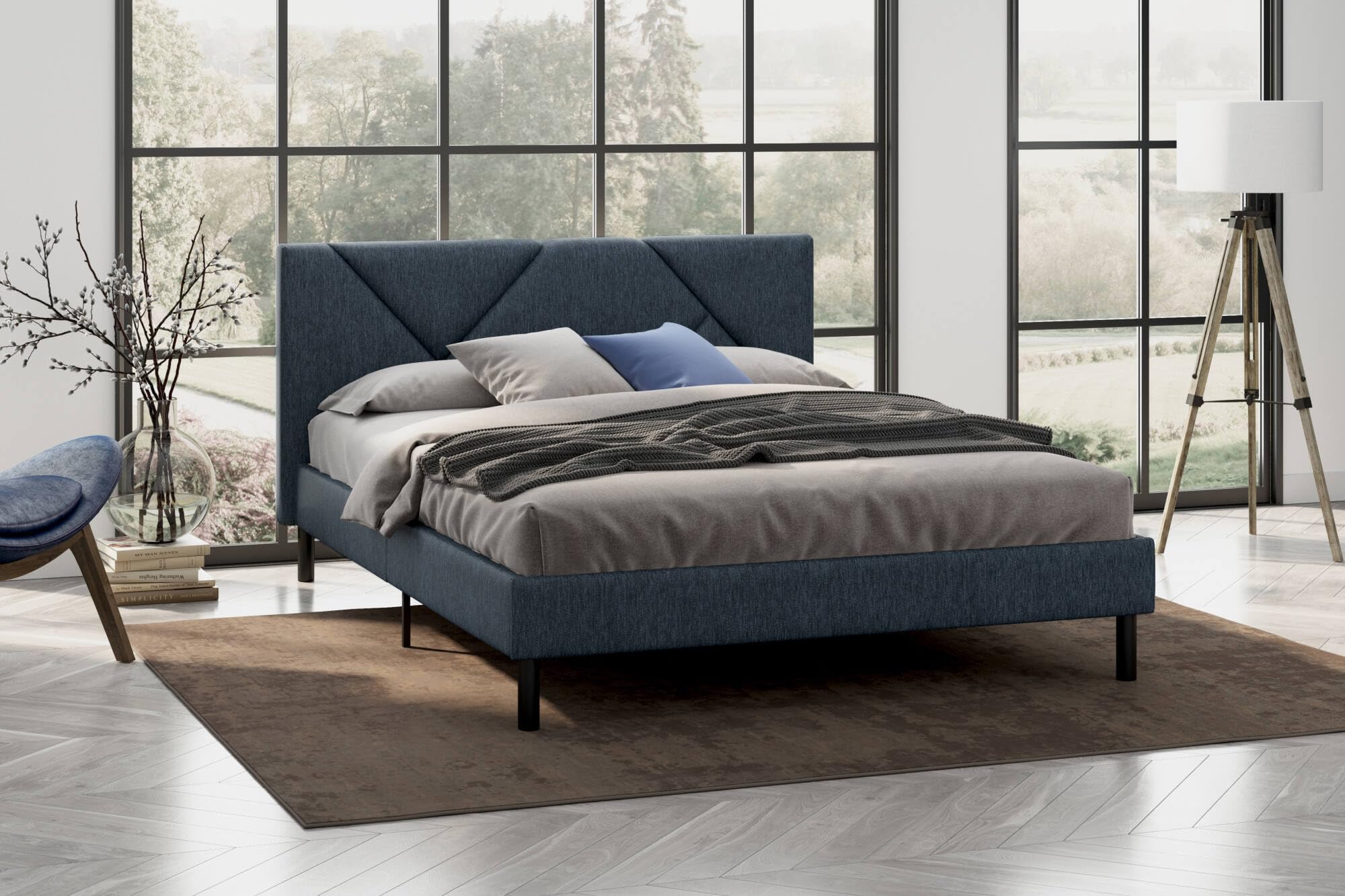 Dmora - Letto alla francese Calitri, Sommier per camera da letto, Giroletto per stanza, Struttura porta materasso, Adatto a materasso Cm 140x190, Blu