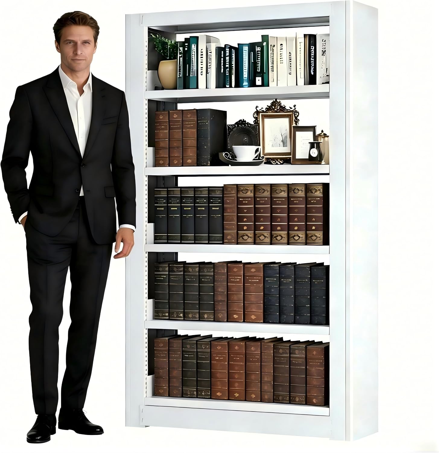 Heavy Duty Metal Bookshelf, 5-Tier Industrial Bookcase with Adjustable Shelves, Large Storage Bookshelf for Living Room, Office, Library, 69" H x 36" W, White