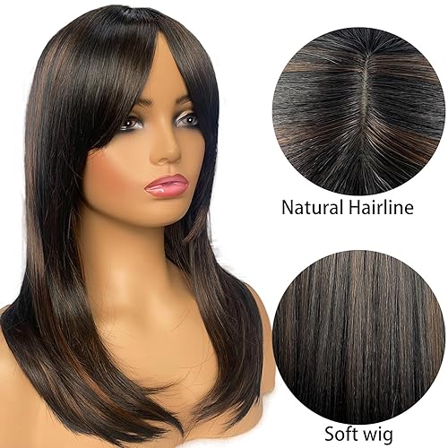 Miniatura 2 de Peluca larga con flequillo, peluca negra y brwon en capas para mujer, de aspecto natural, resistente al calor (20 pulgadas)