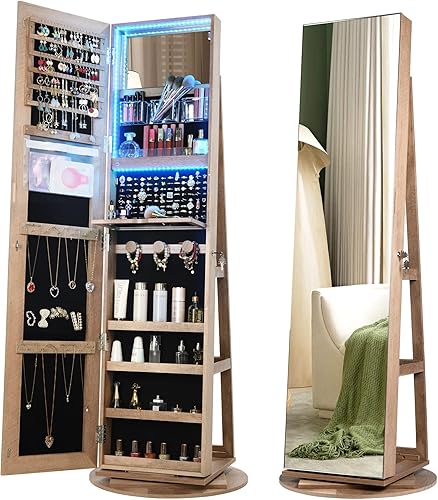 Vlsrka LED Light Jewelry Cabinet with Full Length Mirror 360 Swivel, Large Jewelry Organizer Armoire Lockable Free Standing Mirror with Jewelry
