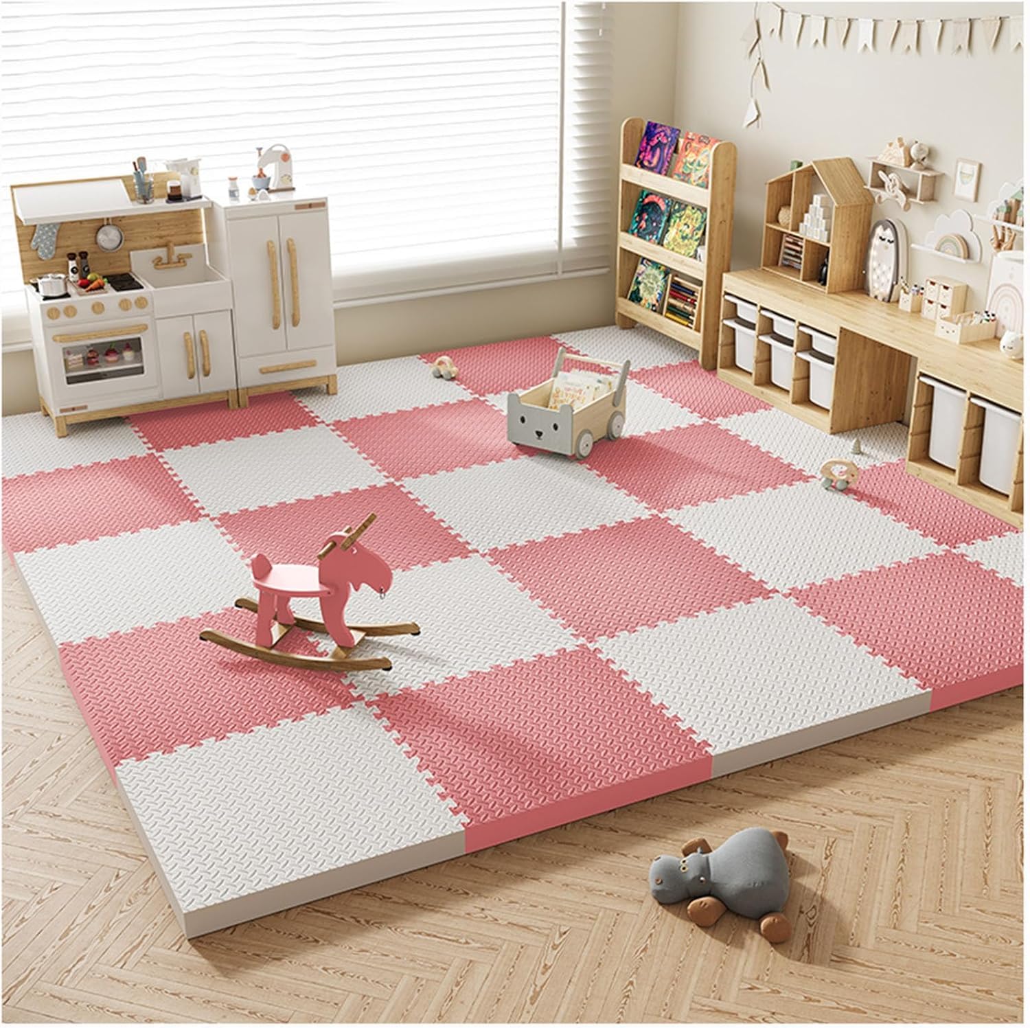LoiYtrd Foam Floor Interlocking Foam Tiles 30x30cm Square Soft Foam Play Mat 1" Thick Puzzle Exercise Mat(White+Pink,16PCS)