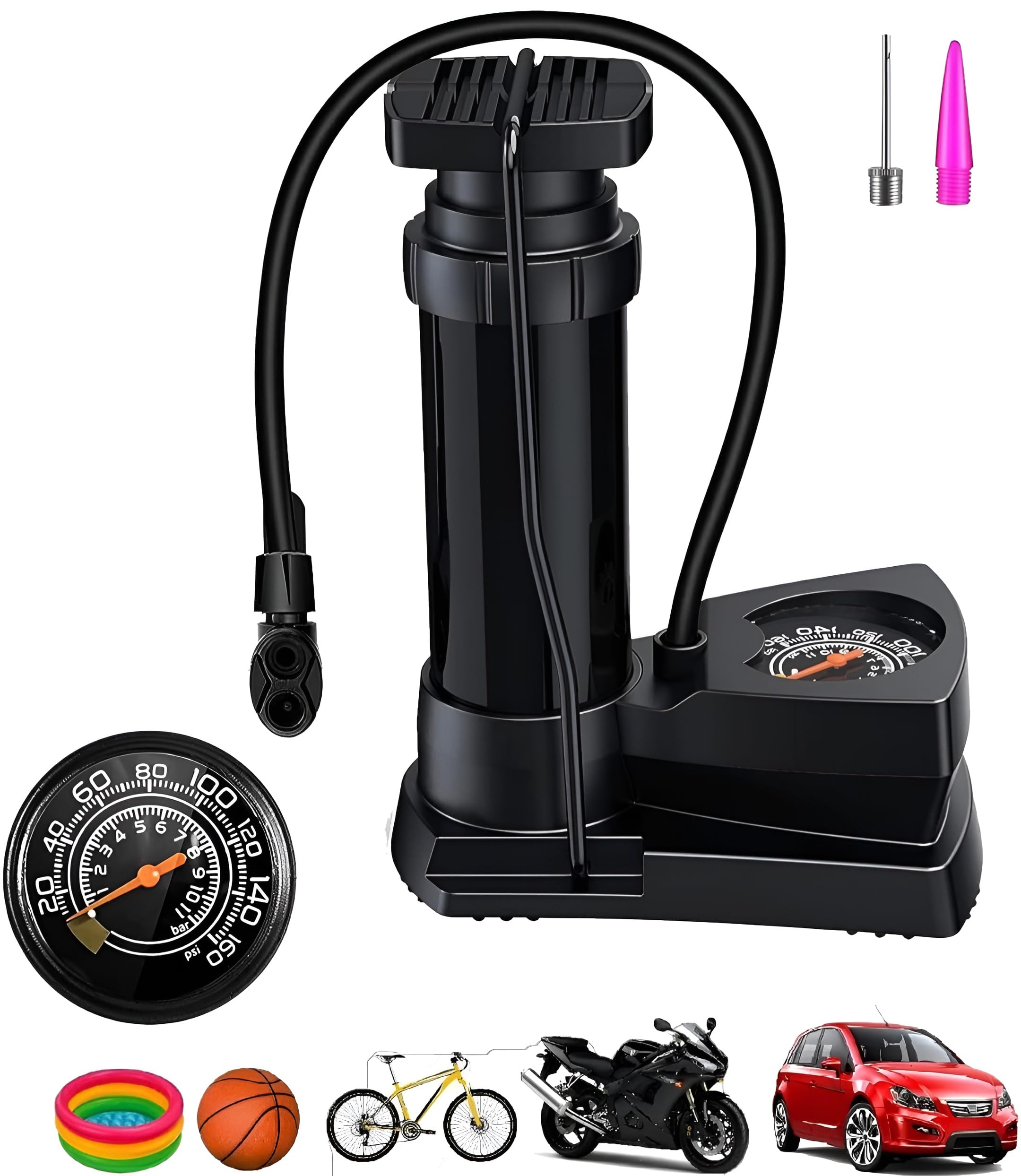 Bike Car Cycle Tyre Air Pump Portable High Pressure Mini Foot Floor | Pressure Gauge, Lightweight, For Motorbikes, Car, Bicycle, Football, Air Mattress, Tubeless