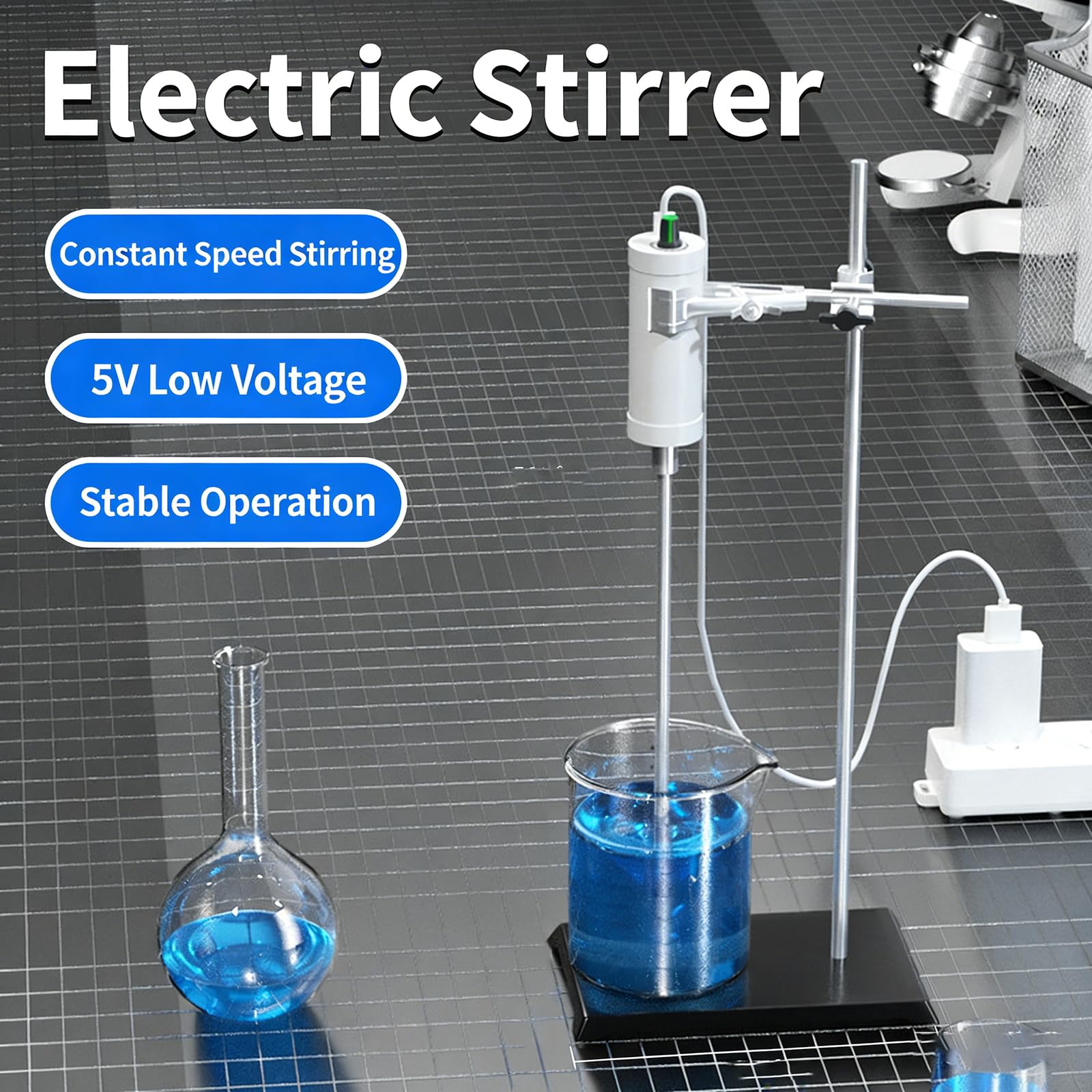 GZPKJ Mezclador Eléctrico De Laboratorio, Agitador Eléctrico De Varilla, Viscosidad 1000-2000 CPS, para Recipientes De H₂O De 500 Ml a 3 L, Control De Velocidad Continuo, para Experimentos Químicos
