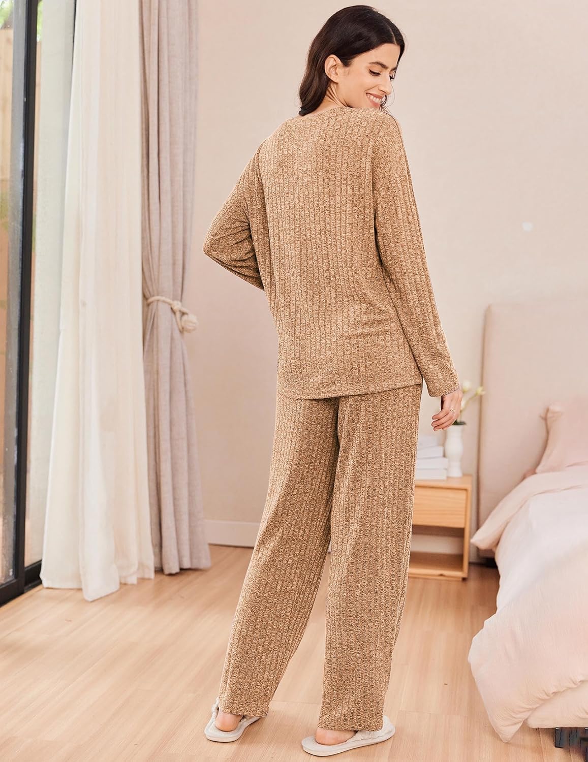 Ekouaer Womens Ribbed Knit Lounge Set Long Sleeve Henley Neck Top and Long Pants Two Piece Soft Sleepwear Matching Outfits - Image 2