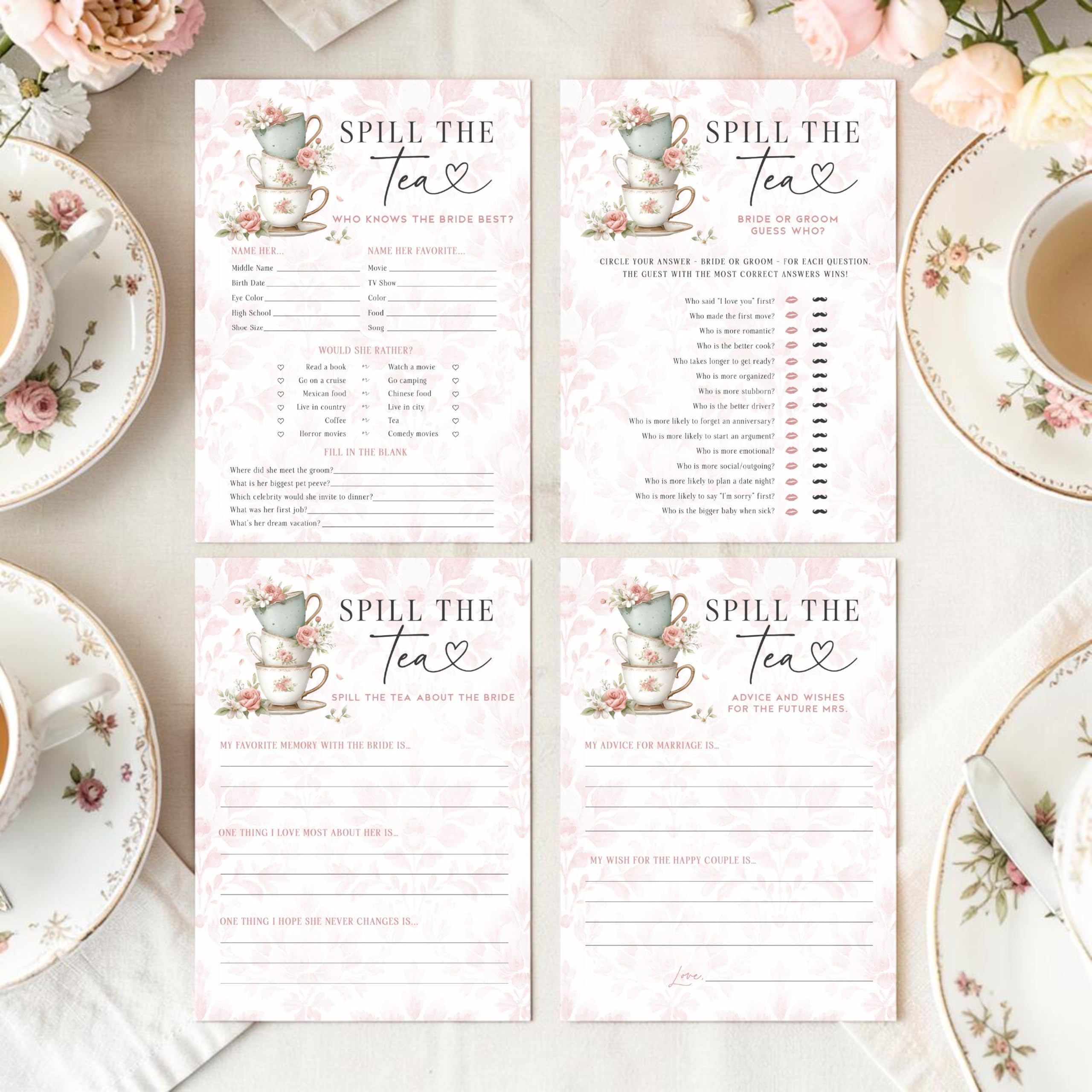 Spill The Tea Bridal Shower Games, 4 Fun Tea Party Bridal Shower Game Cards, 30 of Each Game, Who Knows the Bride Best , Bride or Groom Guess Who, Rat and Wishes, Memory Keepsake