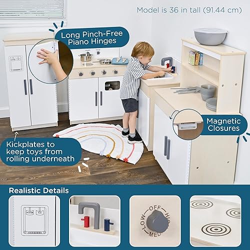 Miniatura 5 de Children's Factory - Juego de cocina de madera de 4 piezas, nevera para niños y niños pequeños, diseño y características realistas, muebles