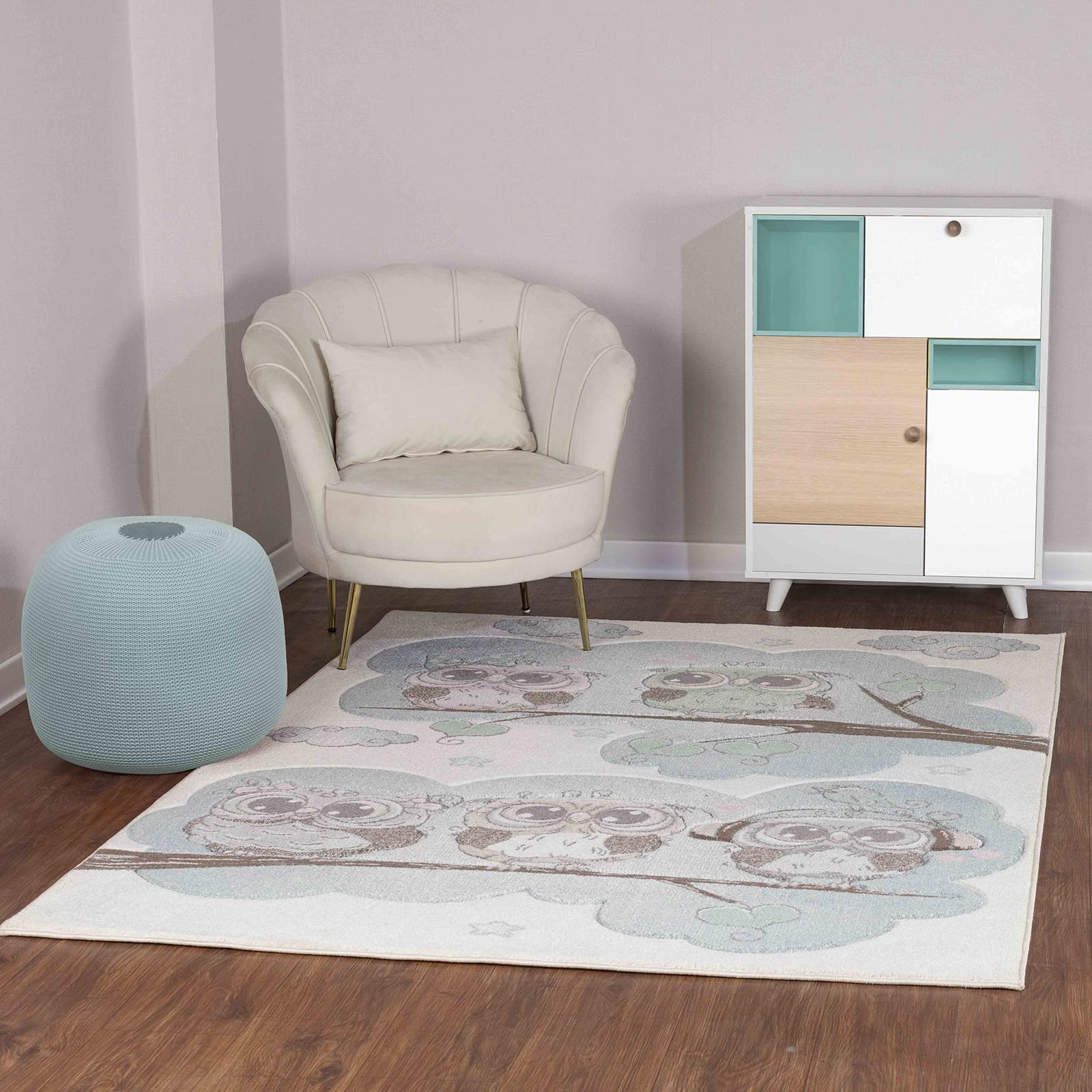 Surya Livabliss Tapis pour Chambre à Coucher de Fille et garçon, Motif Chouettes, 80 x 150 cm, Beige, Bleu et Marron