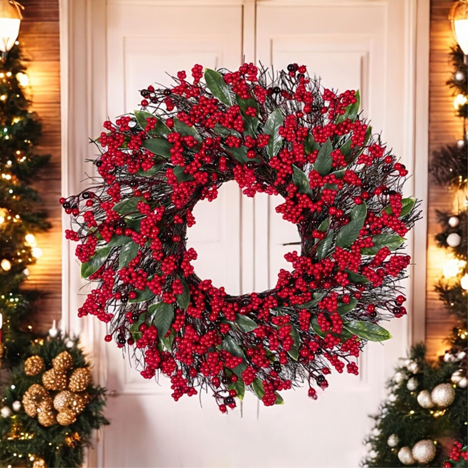 Corona Navideña Adorno Colgante Navideño De Acebo Y Bayas para Puertas Y Paredes con Detalles Decorativos En Capas para Entradas