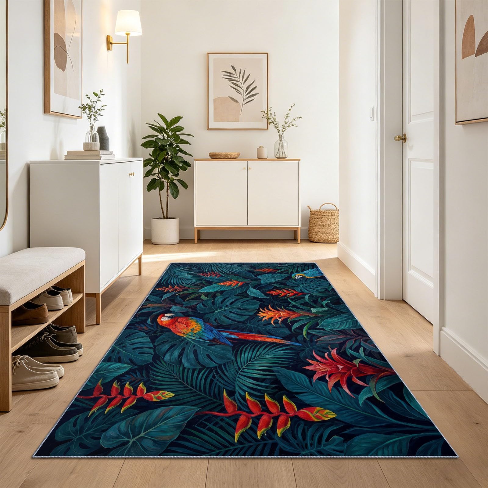 Tapis de Couloir Long 80 x 180 cm, Foncé Tapis Cuisine Antidérapant Lavable, Vintage Glamour Tropical Jungle Animal Perroquet Tapis de Passage Doux pour Salon, Entrée, Balcon, Chambre Adulte Enfant