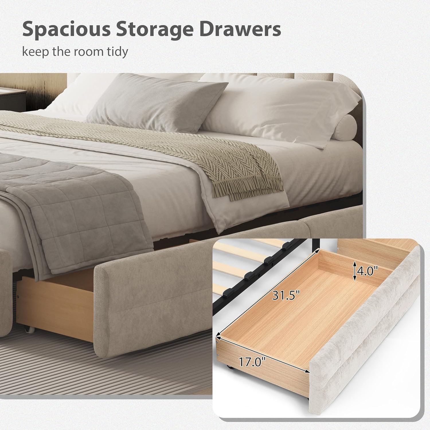 DEINPPA Queen Size Bed Frame with 4 Storage Drawers and Cloud Soft Headboard, Chenille Upholstered Grounded Wood Base Bed Frame, No Box Spring Needed-Beige