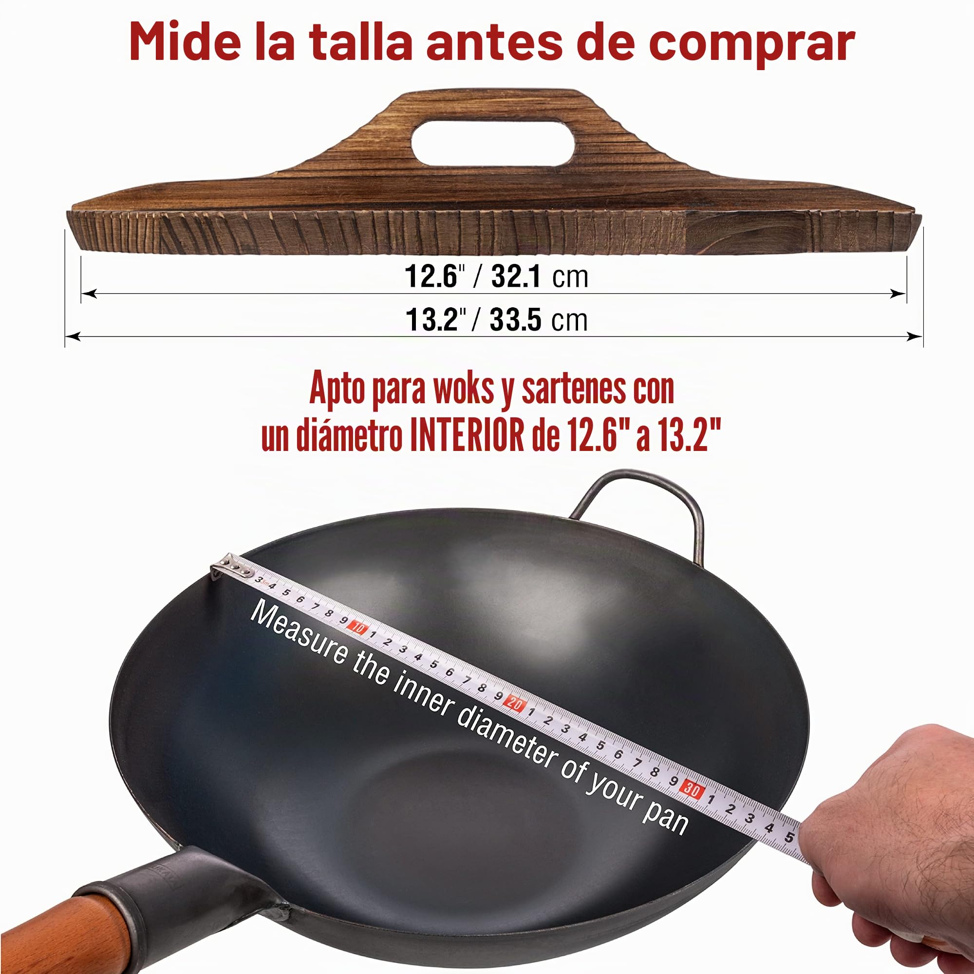 YOSUKATA Sartén Wok de Acero al Carbono 34 cm – Pre-sazonado de Fondo Plano + Tapa Para Sartén Wok de Madera Natural de 34 cm