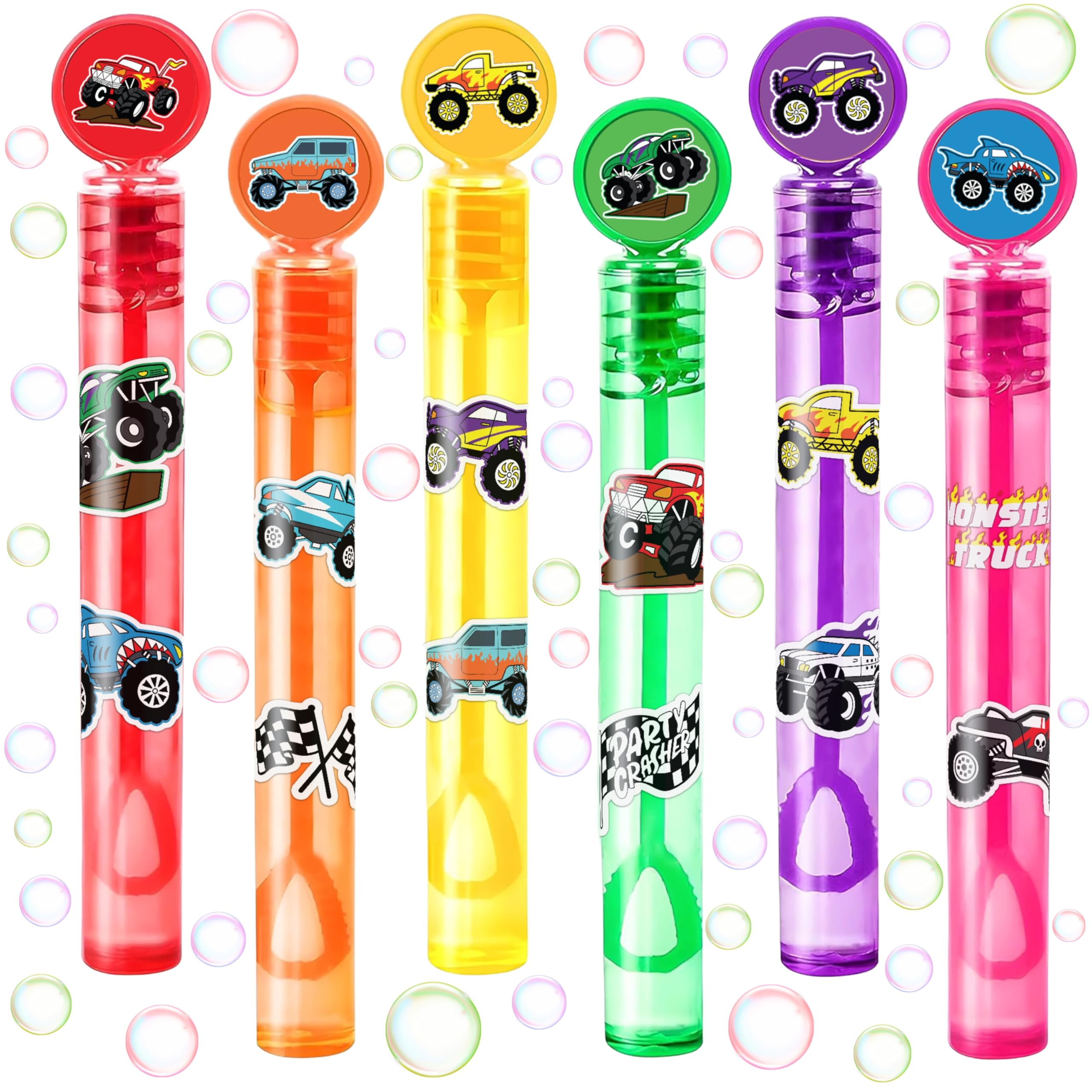 24PCS Monster Truck DIY Bubble Wands Party Favors 96PCS Stickers for Goodie Bag Fillers Pinata Stuffers, Mini Bubble Bulk Birthday Party Supplies Toys