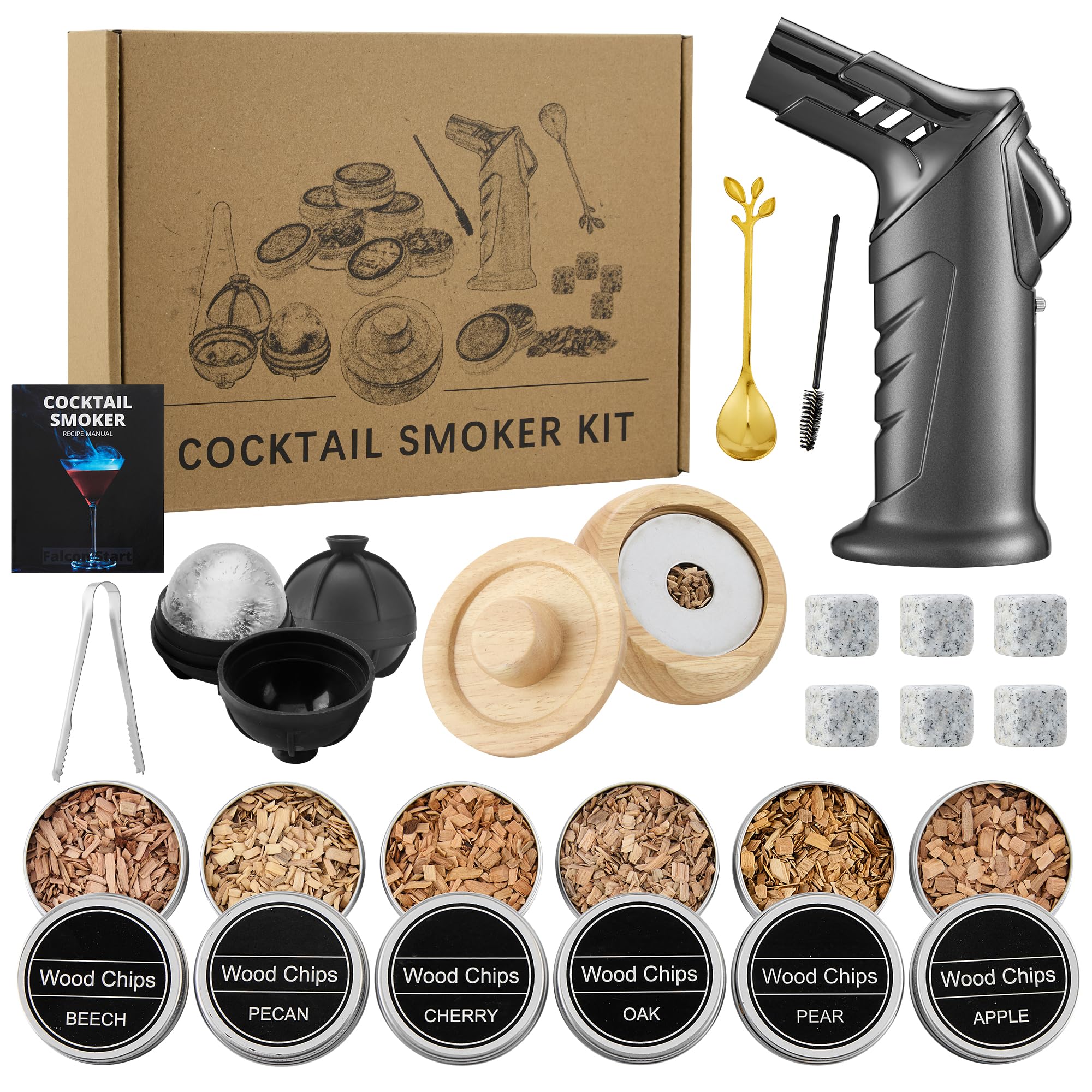 Zestaw do wędzenia koktajli (bez butanu) – whisky z 6 drewnianymi chipsami i 2 silikonowymi foremkami do lodów – prezent dla mężczyzn, taty, męża, miłośników