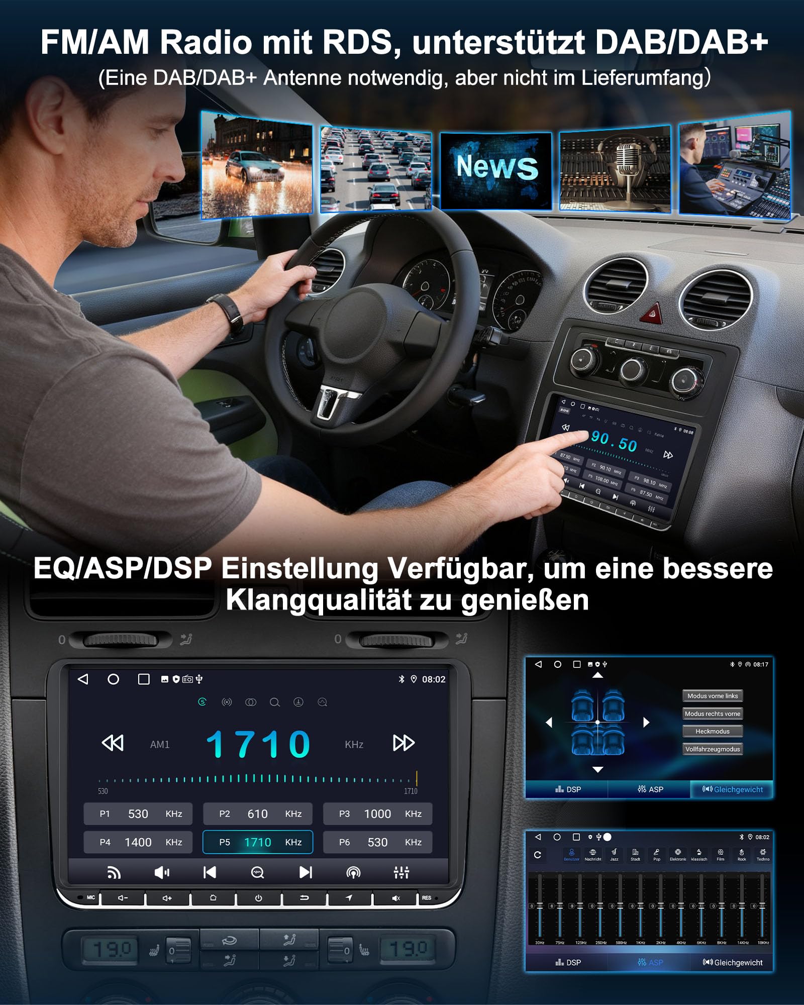 VW Autoradio mit Bildschirm 2+64GB für Golf 5 6 Polo T5 Passat Touran Seat Skoda, 2Din Bluetooth Auto Radio mit Navi DAB WLAN FM/AM, Apple Carplay, Android Auto, Lenkrad Strg,Android 14 (9 Zoll)