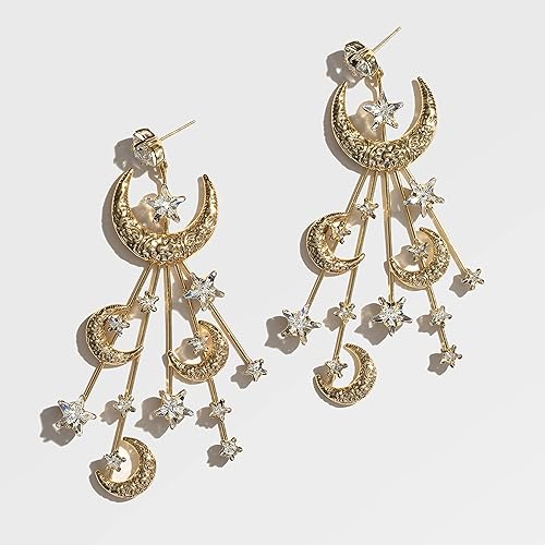Miniatura 5 de Aretes de estrella y luna para mujer, hechos de cristal de Swarovski, chapados en oro, luna creciente, circonita cúbica, estrellas, aretes colgantes