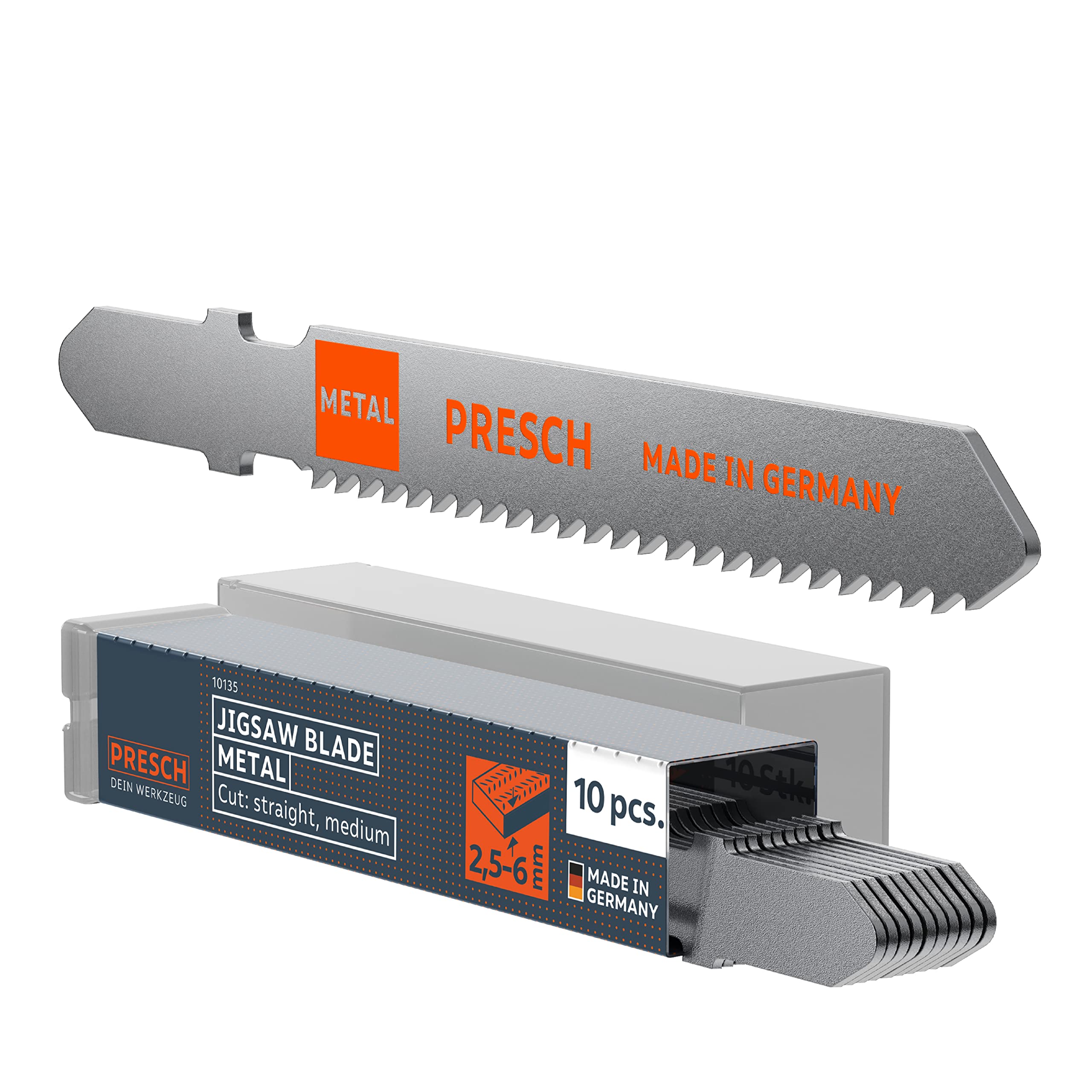 Presch Silver,Orange Jigsaw Blades Metal 10 Pcs. - Precise Sawing In Medium-Thickness Sheets (2.5-6Mm) - Durable T-Shaft Saw Edges For All Jigsaws - Saw Edges For Aluminium, Non-Ferrous Metals And Many More
