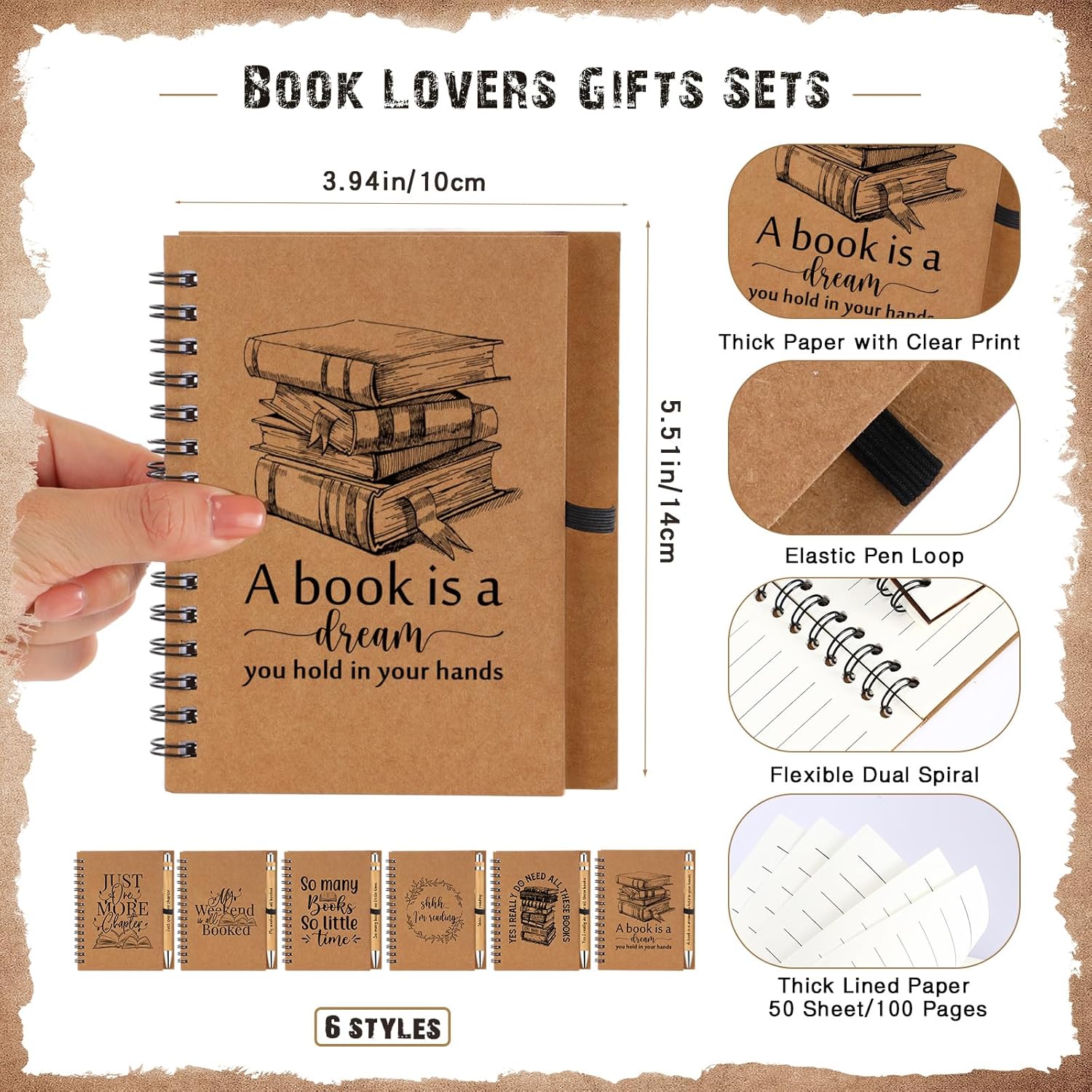 Thenshop 30 Sets Book Lover Gift Include Librarian Inspirational Spiral Notebook Pen Bulk Book Club Gift Reading Journal Librarian Gifts for Women Reader Teacher Bookish bookworm (Brown)