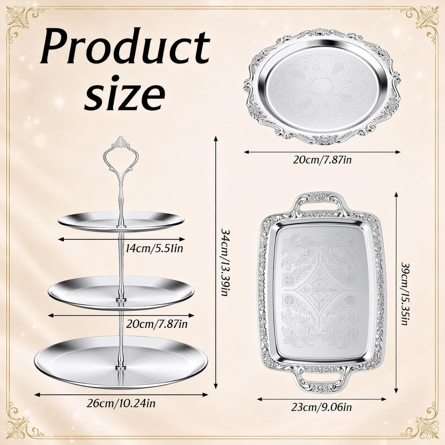 Patelai 10 Pcs Elegant Silver Serving Tray Set Vintage Three Tiered Tray