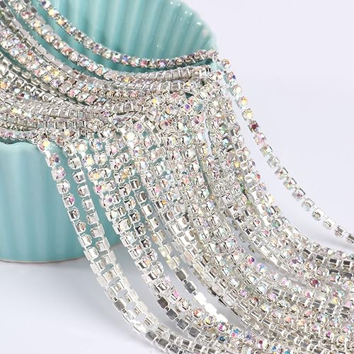 Miniatura 3 de 11 yardas Cadena de diamantes de imitación de cristal, borde de cadena de cierre de diamantes de imitación plateados, cadena de cristal transparente