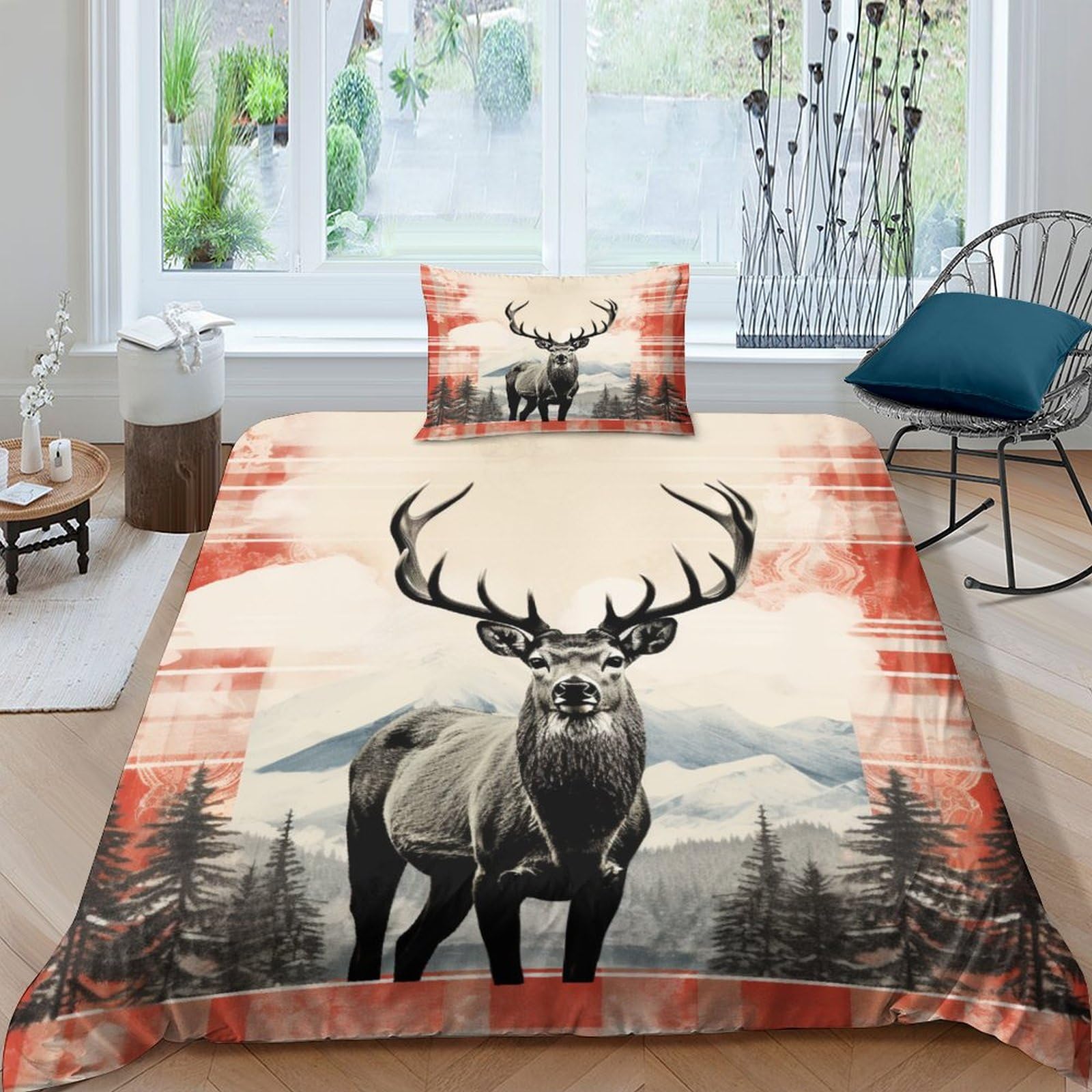 Housse de couette cerf rouge imprimé 3D parure lit 135x200 microfibre