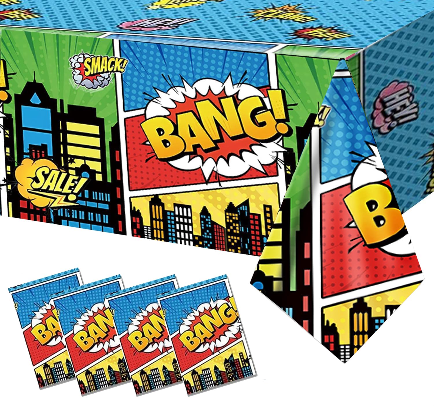 Photo 1 of Kailinst 4Pcs Superhero Birthday Party Tablecloths Plastic 70.8x42.5 Inches Comic Super Hero City Disposable Table Cloth for Little Hero Birthday Party Hero Cityscape Table Cover Decortions