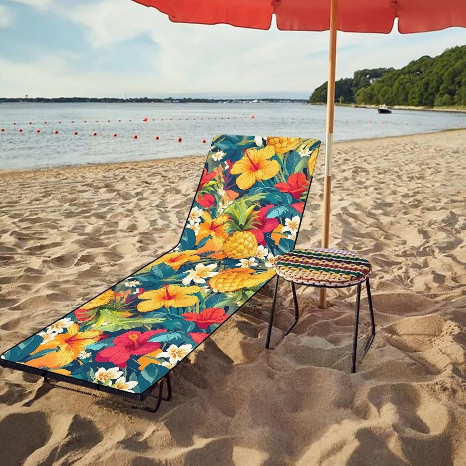 Lemon White Flower Pool Lounge Chair Cover Patio Chaise Lounge Covers Soft Beach Chair Towel Portable Chair Cushion for Summer Outdoor Lounger Sunbathing