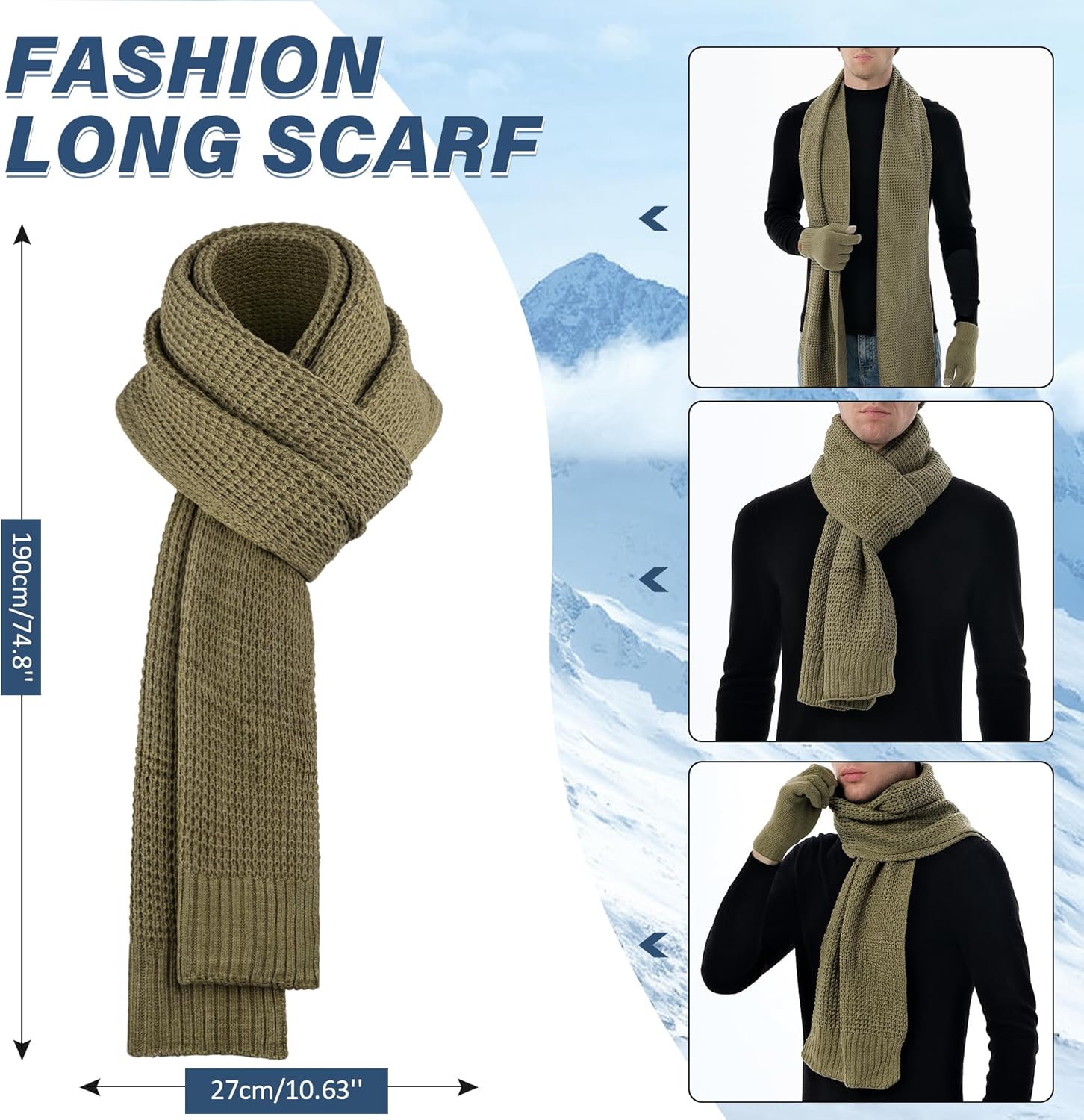 Mens Winter Hat Long Scarf Touchscreen Gloves Knit Set with Warm Fleece Lined Beanie Hats Neck Scaves Gifts for Men - Image 3