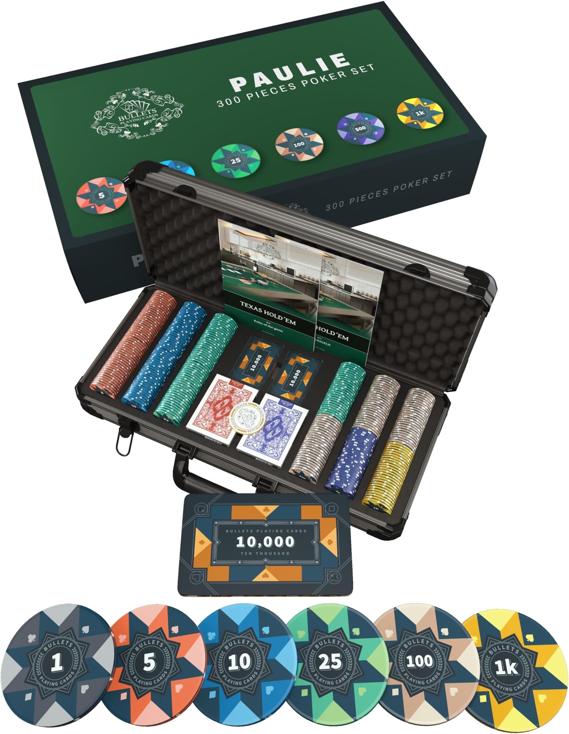 Bullets Playing Cards Poker Sets with Case - Versatile Denominations for Poker, Blackjack, & Casino Games - Durable & Complete Set - Poker Case with 300 Ceramic Poker Chips 'Paulie' with Values