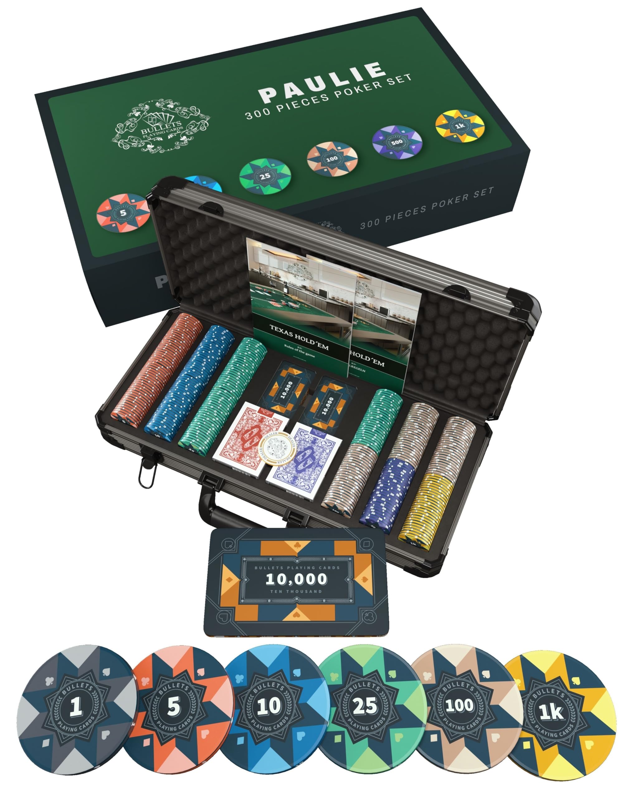 Bullets Playing Cards Poker Sets with Case - Versatile Denominations for Poker, Blackjack, & Casino Games - Durable & Complete Set - Poker Case with 300 Ceramic Poker Chips 'Paulie' with Values