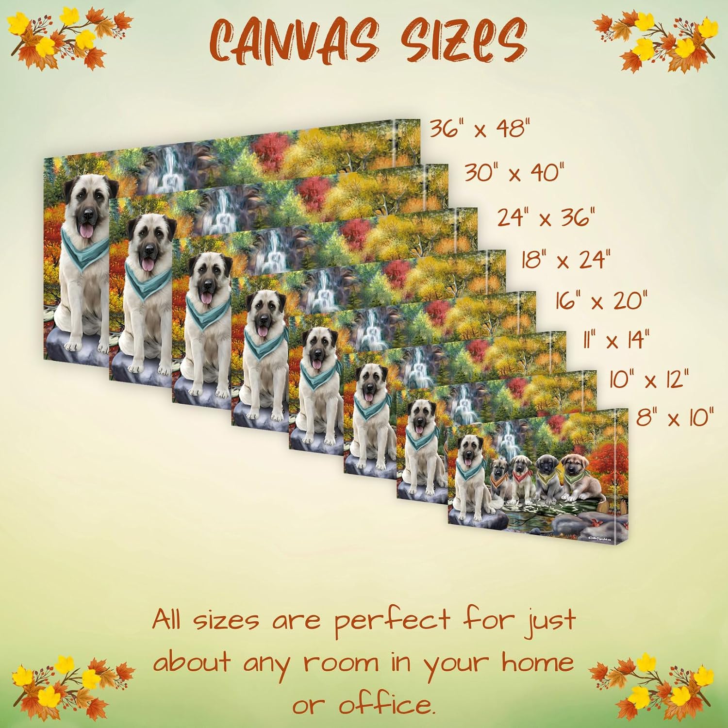 Doggie of the Day Waterfall Family with Anatolian Shepherd Dogs Canvas Wall Art - Premium Quality Ready to Hang Room Decor - Flat Rolled 11" x 14"