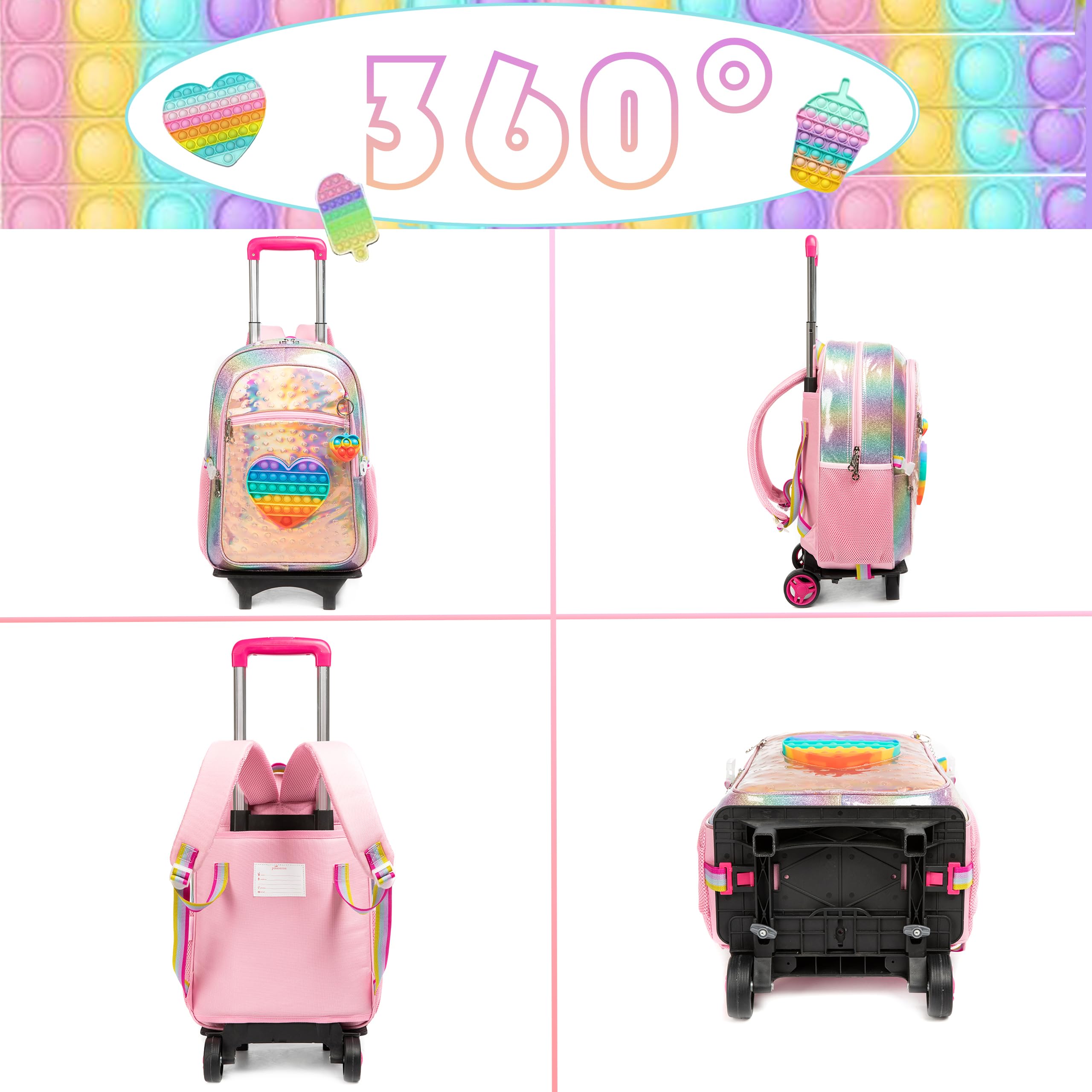 HTgroce Pop It Mochila Escolar con Ruedas Niña Fidget Toy Pop Its Mochilas con Carrito Escolares Bolso Popit Fidget Toy 3 in 1, Juguete Antiestrés y Ansiolítico Mochilas Escolares con Carro.