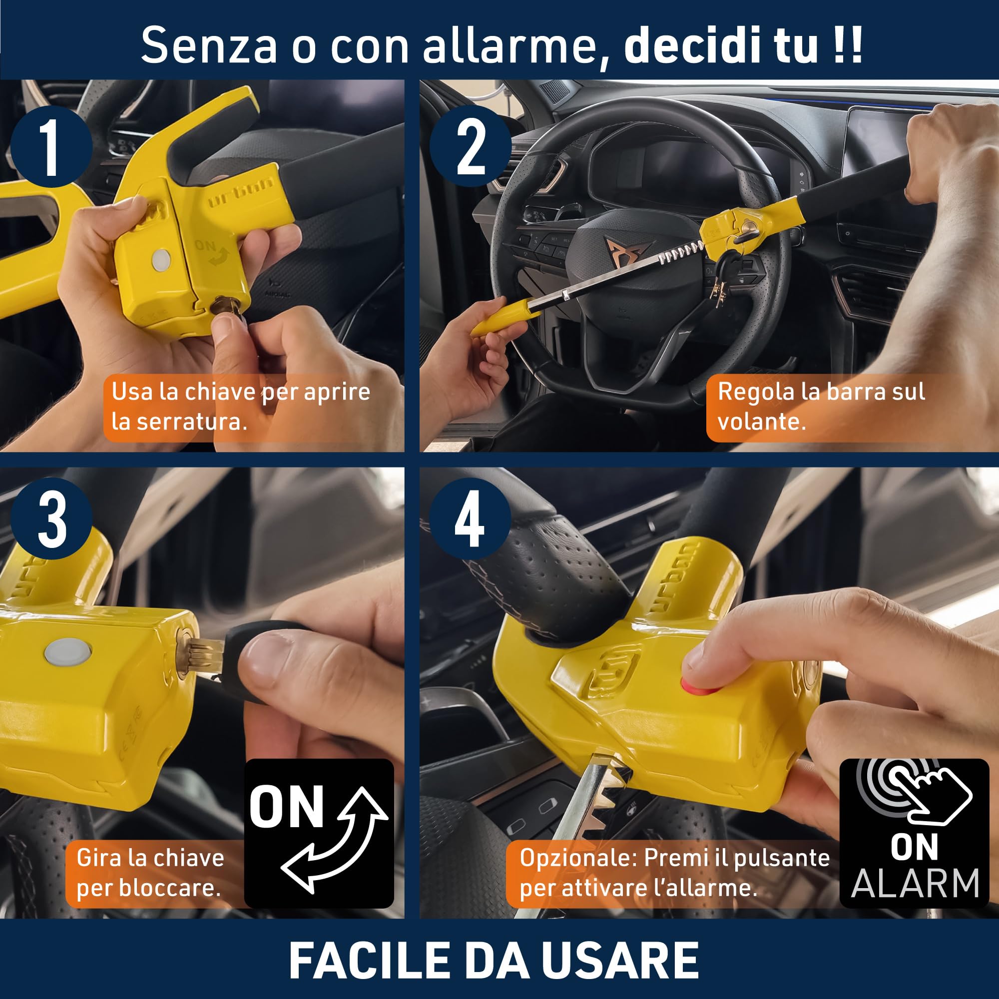 URBAN UR978Y Antifurto Auto Doppia Sicurezza Blocca Sterzo 120dB LED Bloccaggio Automatico Blocco Volante Meccanico Universale