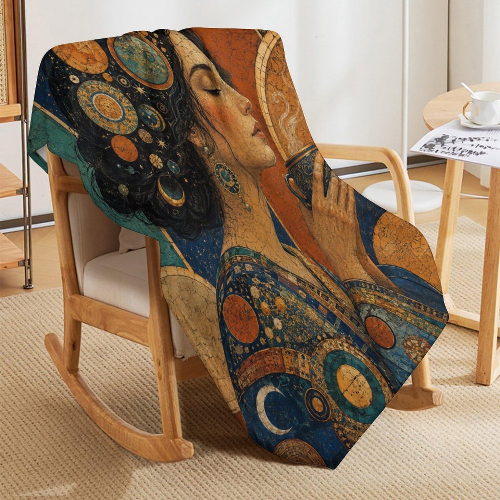 Donna elegante con tazza da tè Coperta Arte del mosaico Coperta TV Calda | coperta divano morbida con Fascino d'epoca, per divano, letto, relax quotidiano, 175x200cm(70x80in)