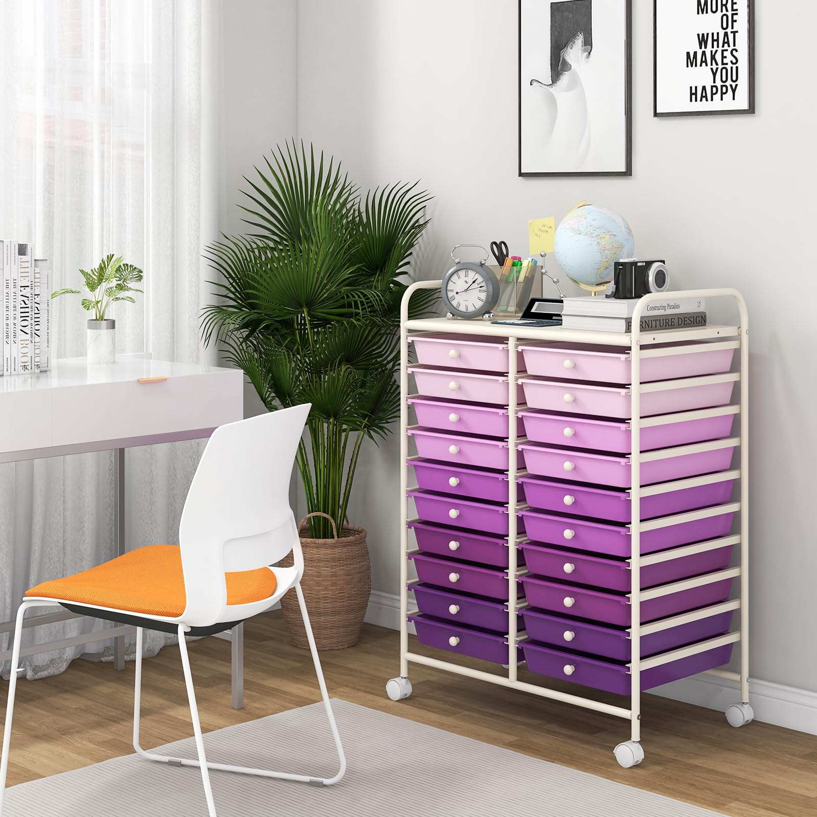 GOPLUS Carrito Auxiliar con 4 Ruedas, Carro de Servicios con 20 Cajones, 2 Ruedas con Frenos, Carro de Almacenamiento de Estructura Metálica para Cocina Oficina Baño (Violeta)