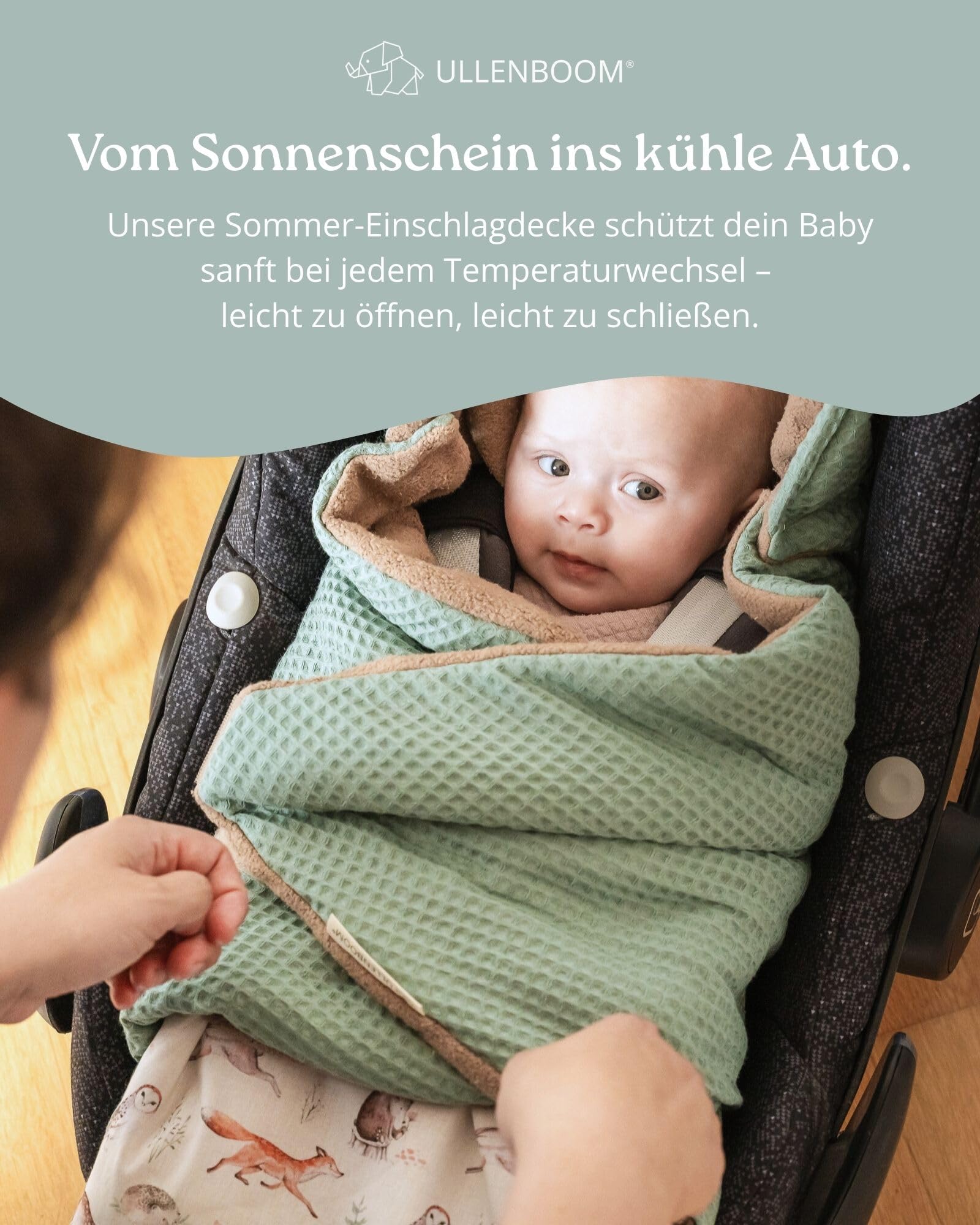 ULLENBOOM Einschlagdecke Babyschale Sommer – Oeko-TEX Materialien, Made in EU – Leichte Babydecke für Frühling & Sommer - Für Kindersitz, Kinderwagen & Buggy, 0-9 Monate (0,5 TOG)