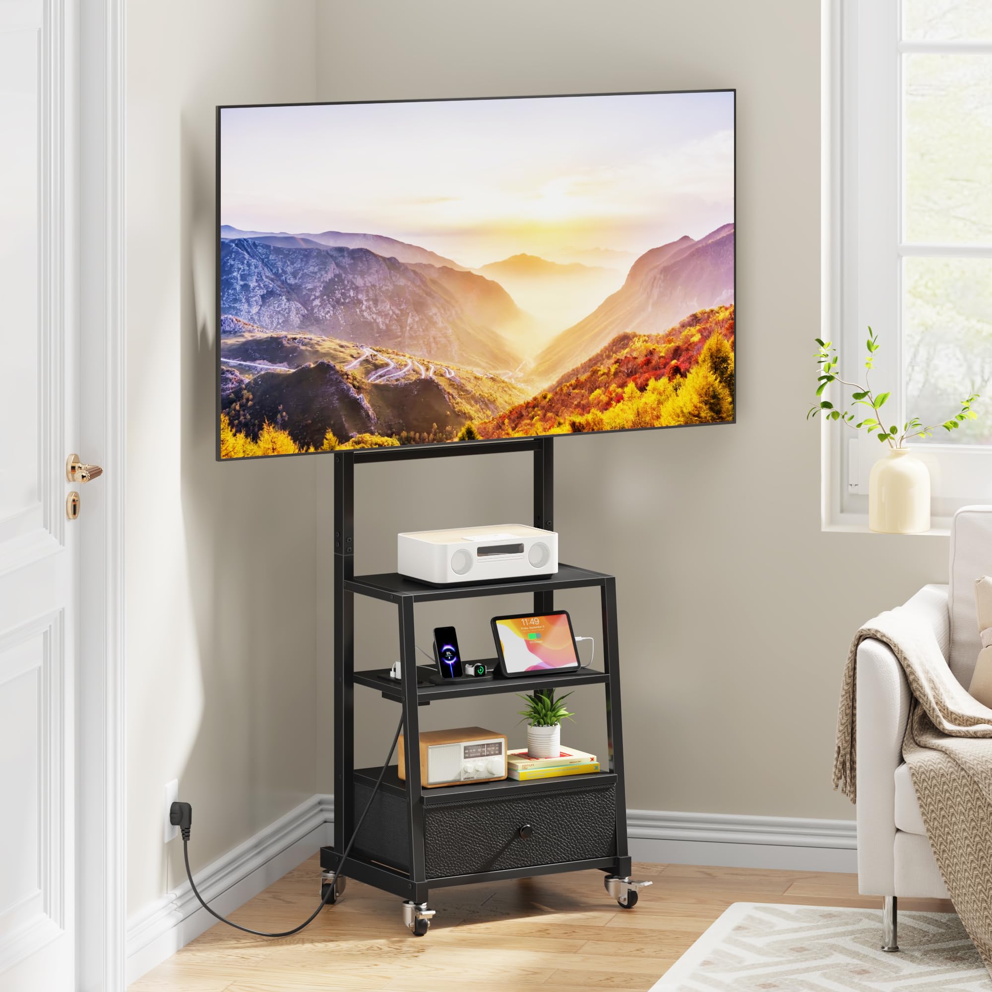 Meuble TV Roulette avec Prise & Tiroir 32-75" VESA 600x400, Noir | 2 Prises + 2 Ports USB | Tiroir Tissu | Rangement Étagère | Hauteur Réglable | Roulettes | Charge 50kg | Salon/Bureau